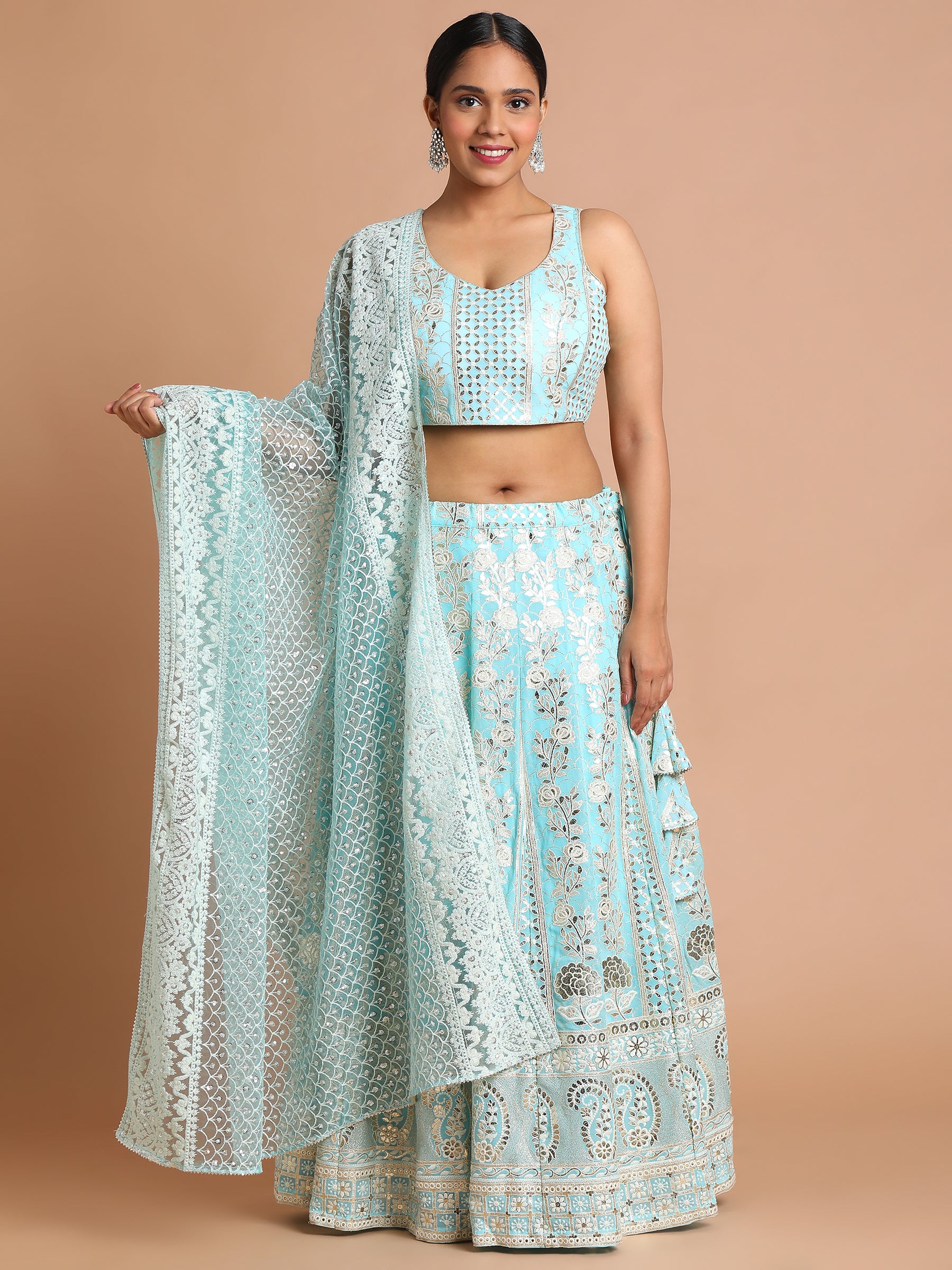 Turquoise blue silver paisely embroidered lehenga set