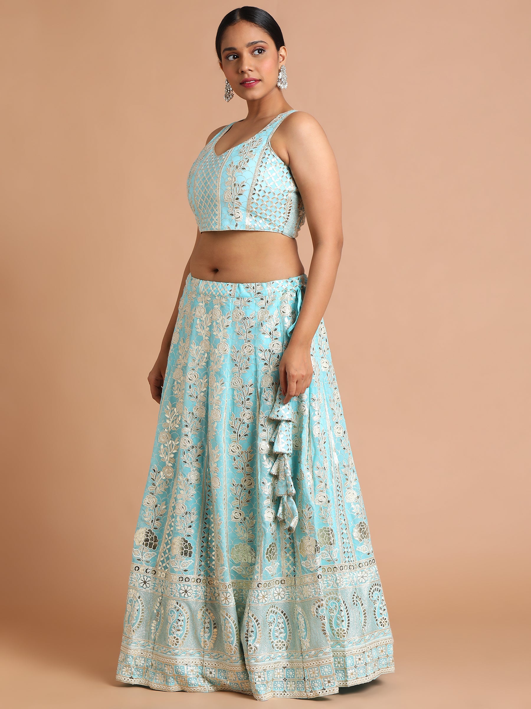 Turquoise blue silver paisely embroidered lehenga set