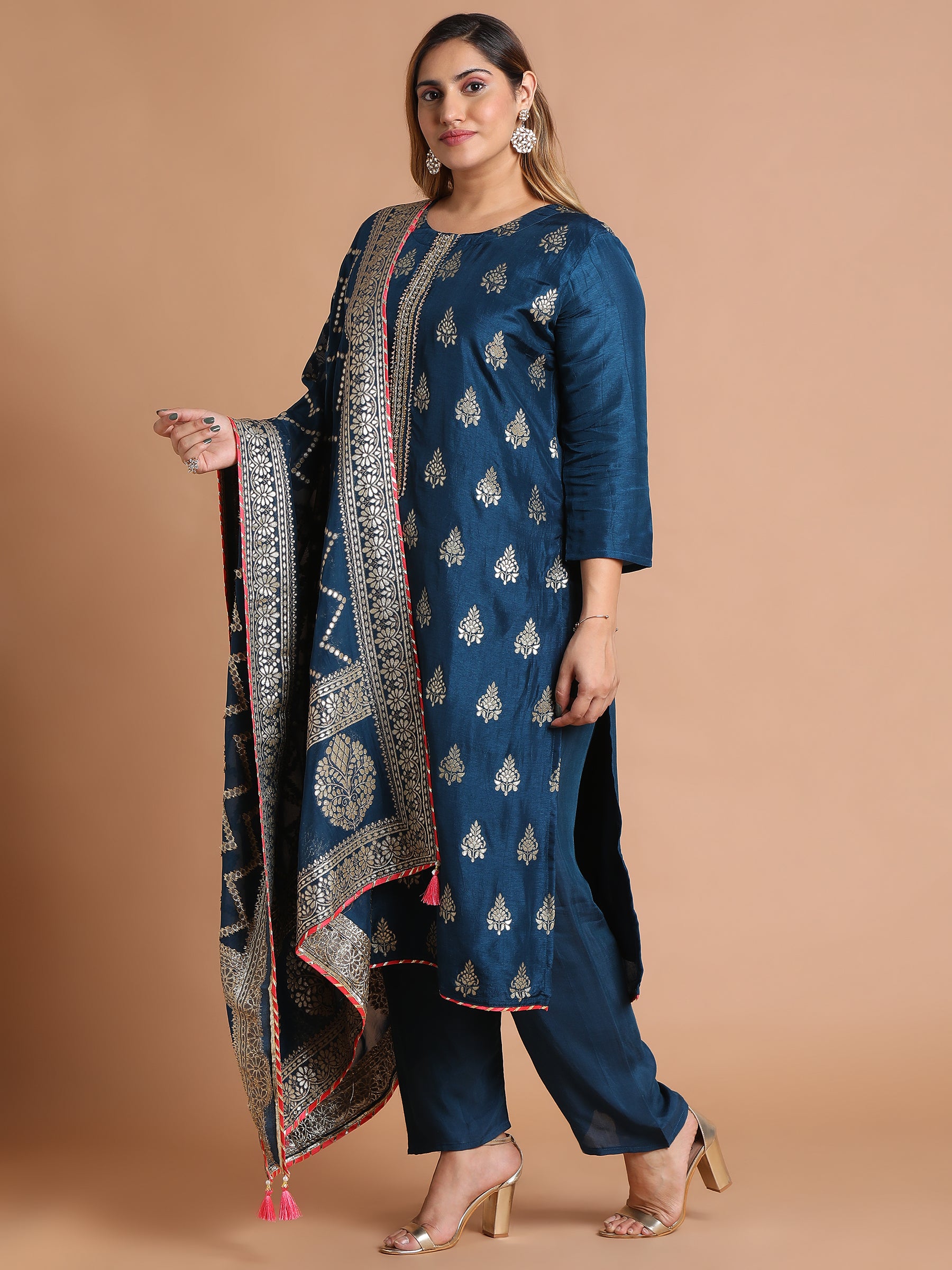 Navy blue with gold woven kurta set