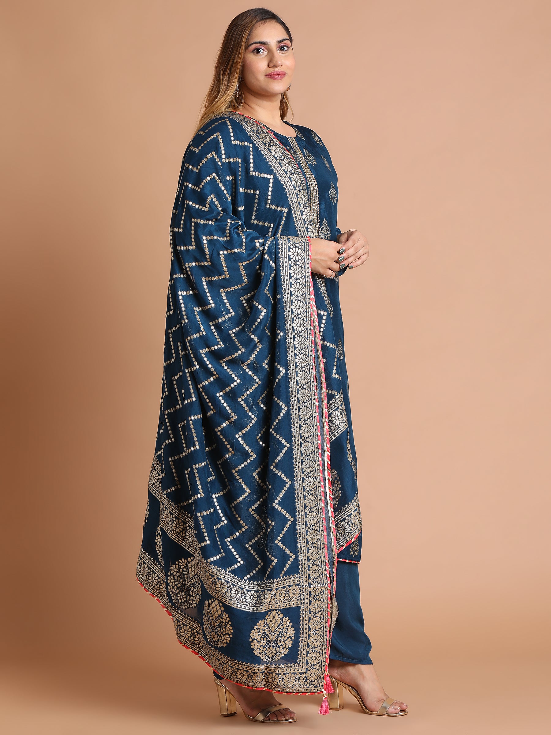 Navy blue with gold woven kurta set