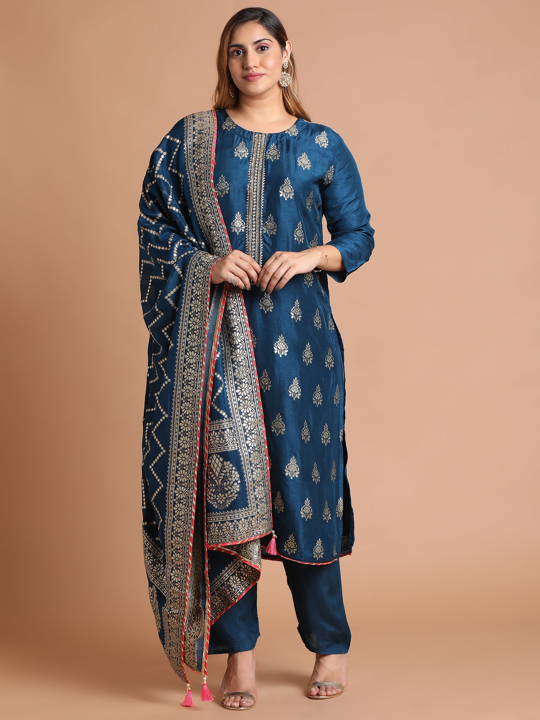 Navy blue with gold woven kurta set