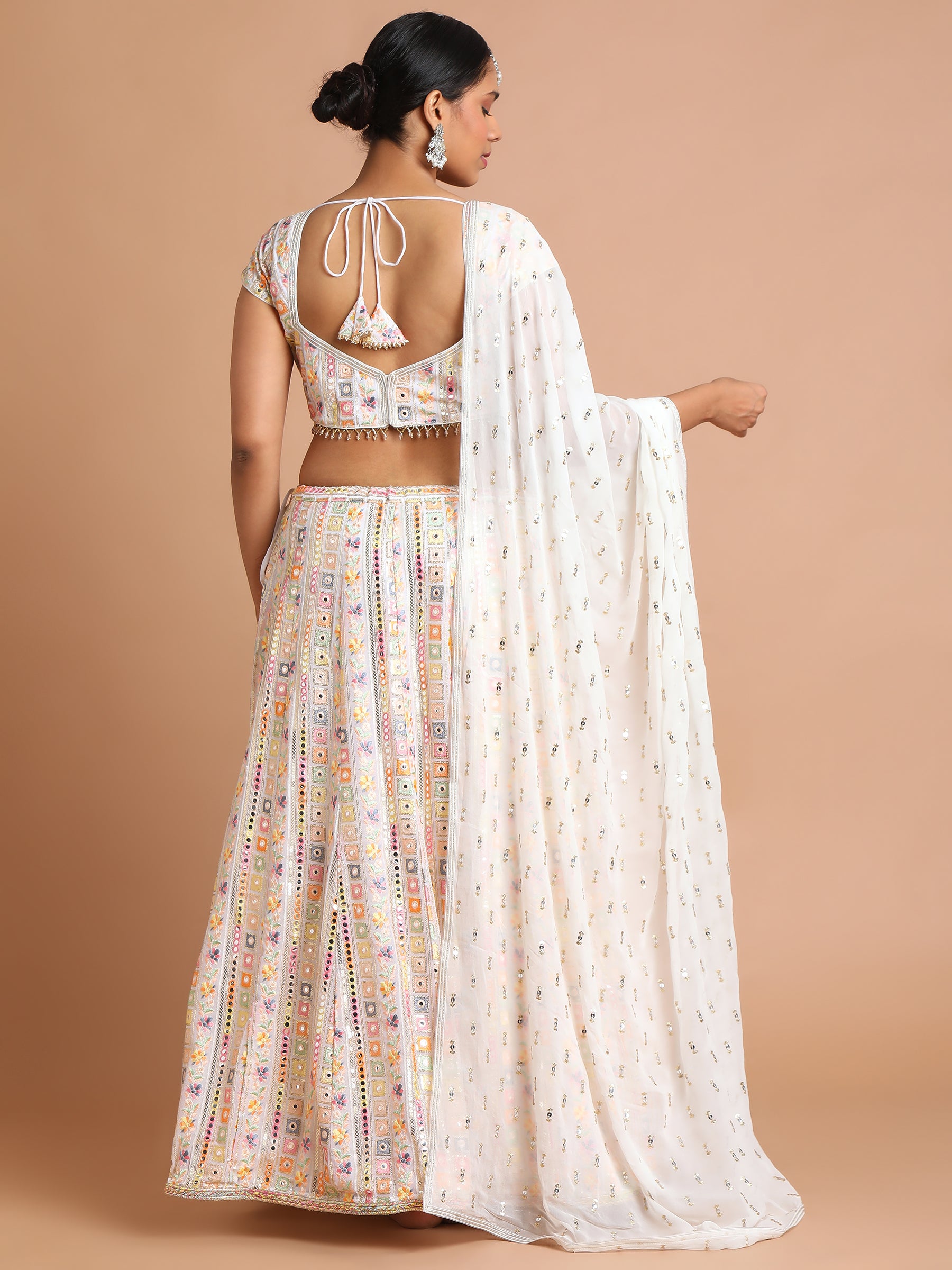 Off white with multicolor resham and mirror embroidered lehenga choli