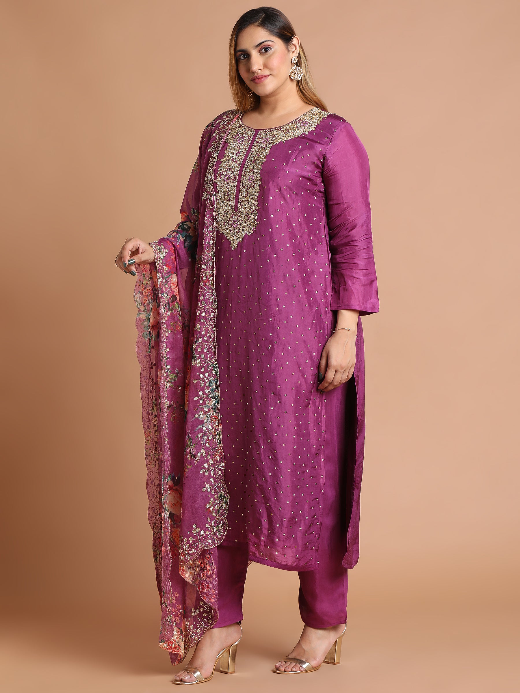 Orchid purple embroidered kurta set with floral organza dupatta