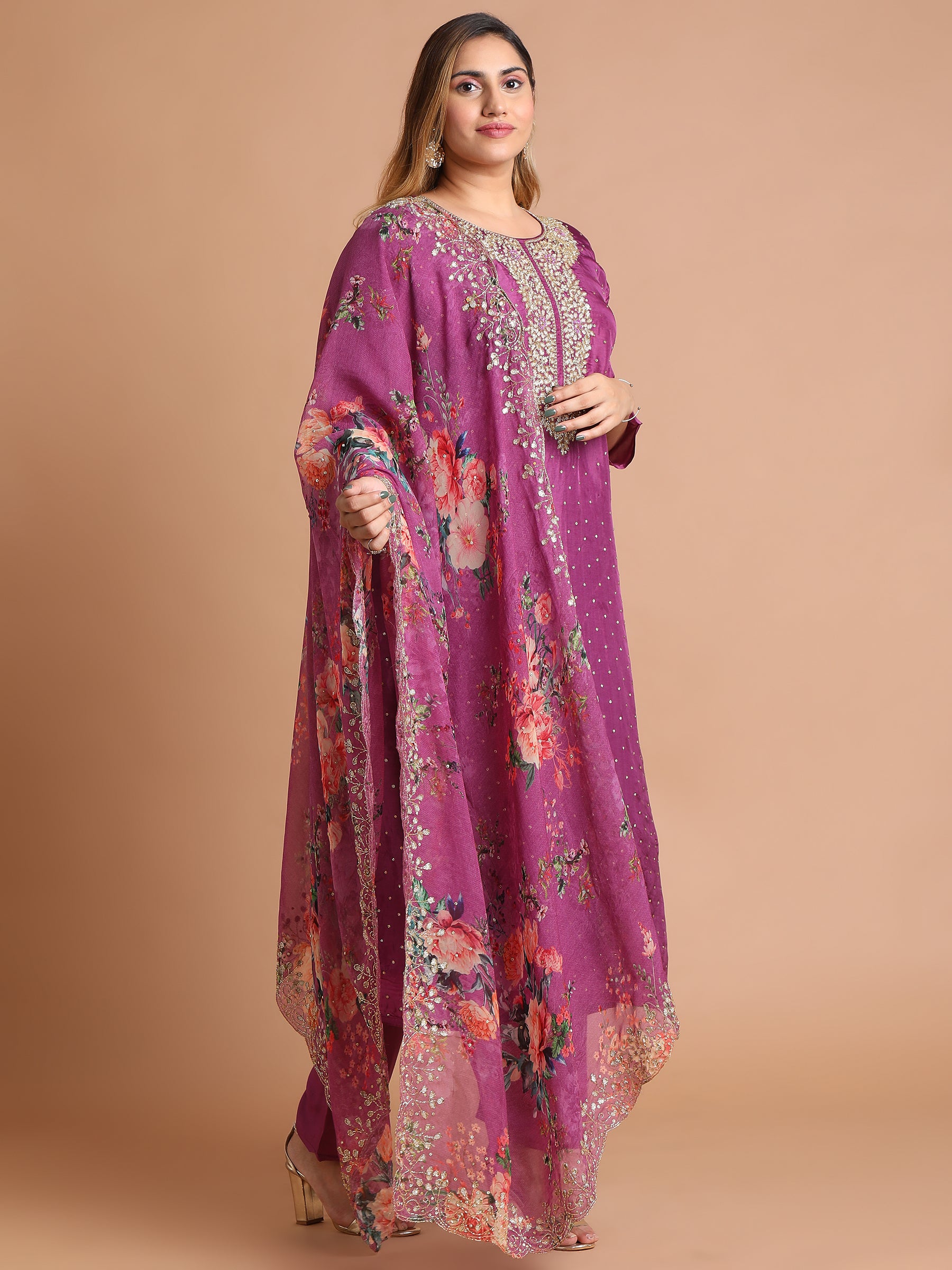 Orchid purple embroidered kurta set with floral organza dupatta