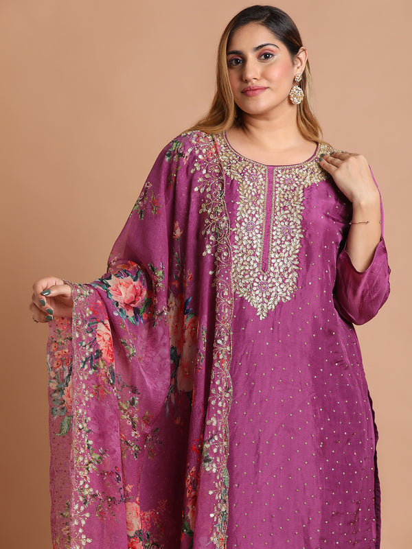 Orchid purple embroidered kurta set with floral organza dupatta