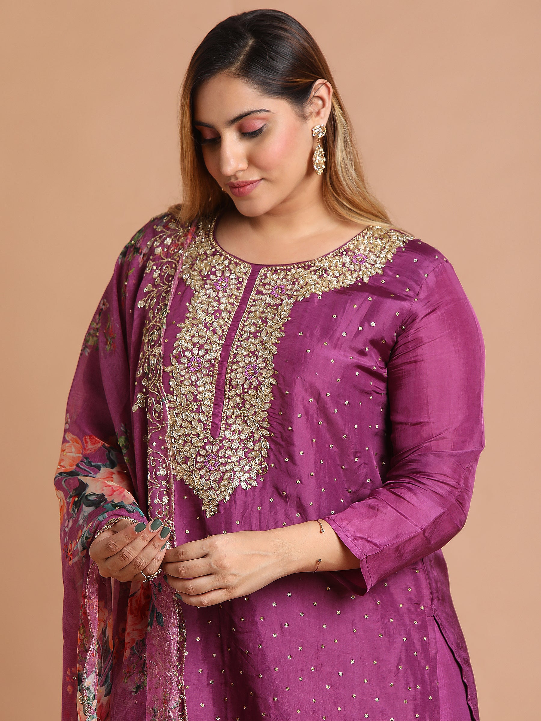 Orchid purple embroidered kurta set with floral organza dupatta