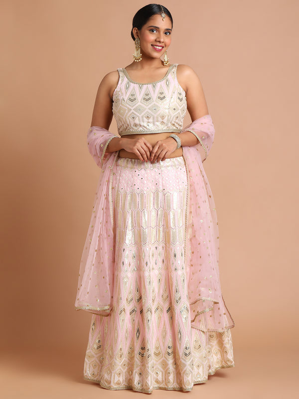 Light pink with gold sequin geometric lehenga set