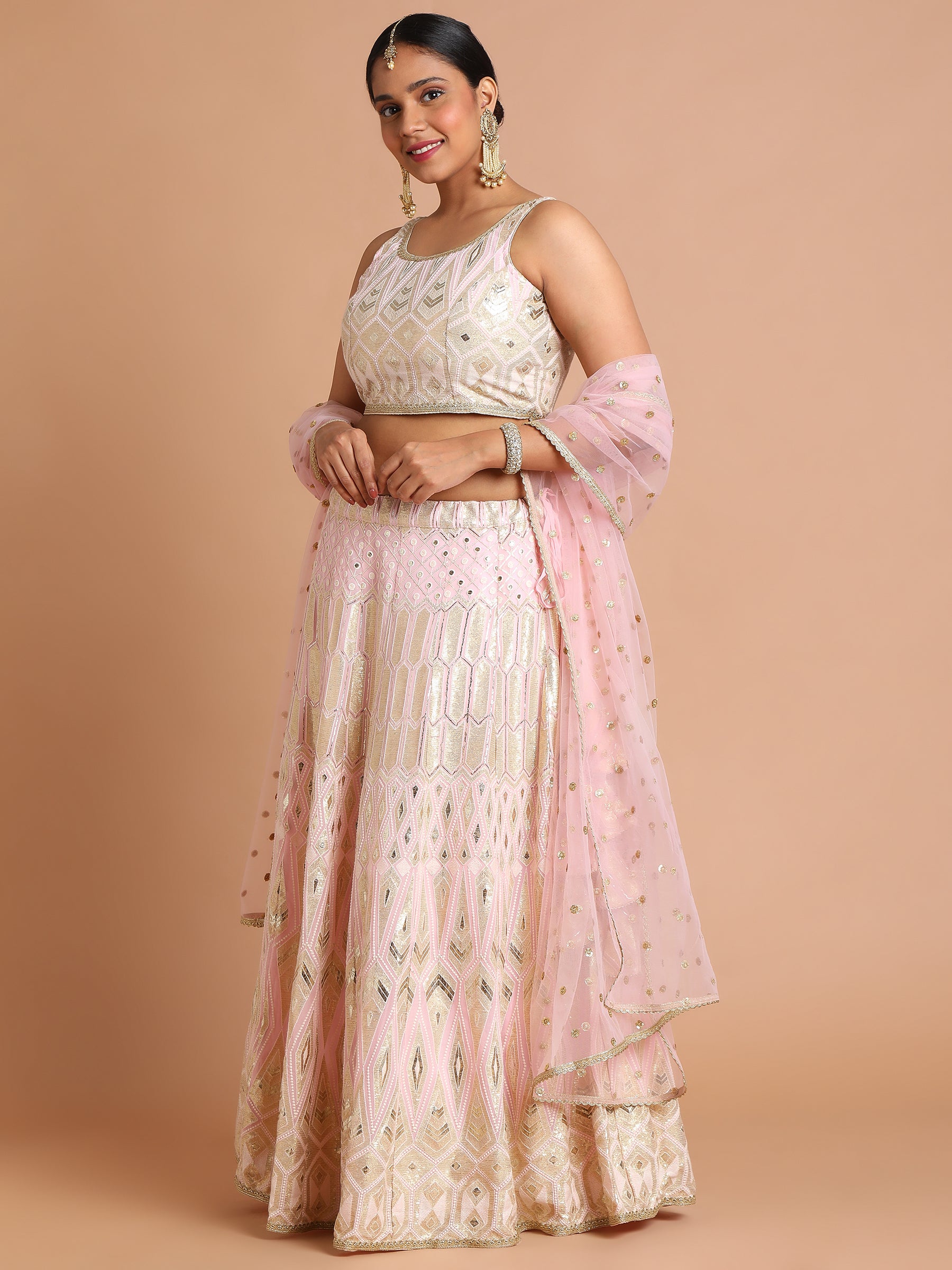 Light pink with gold sequin geometric lehenga set