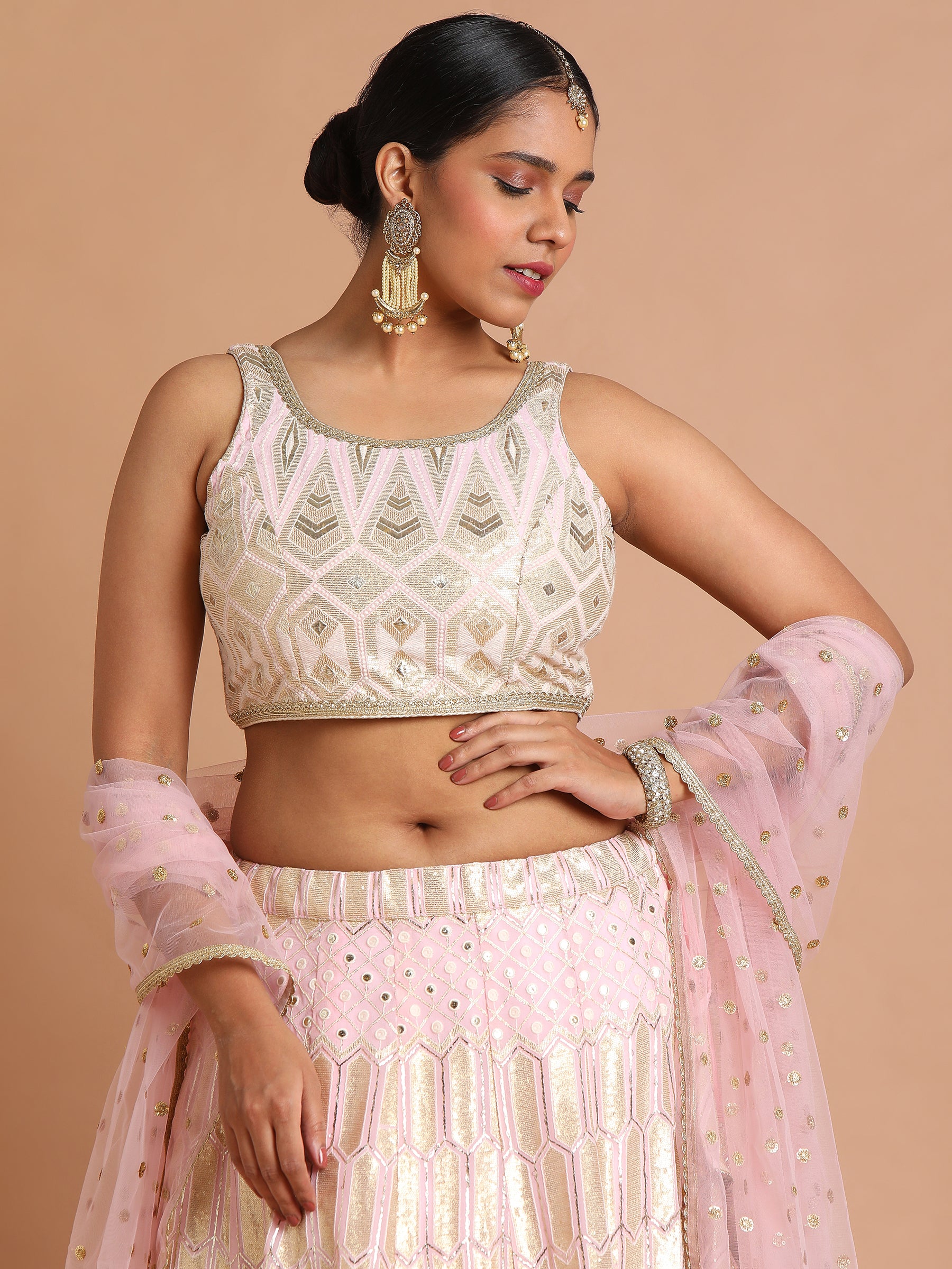 Light pink with gold sequin geometric lehenga set