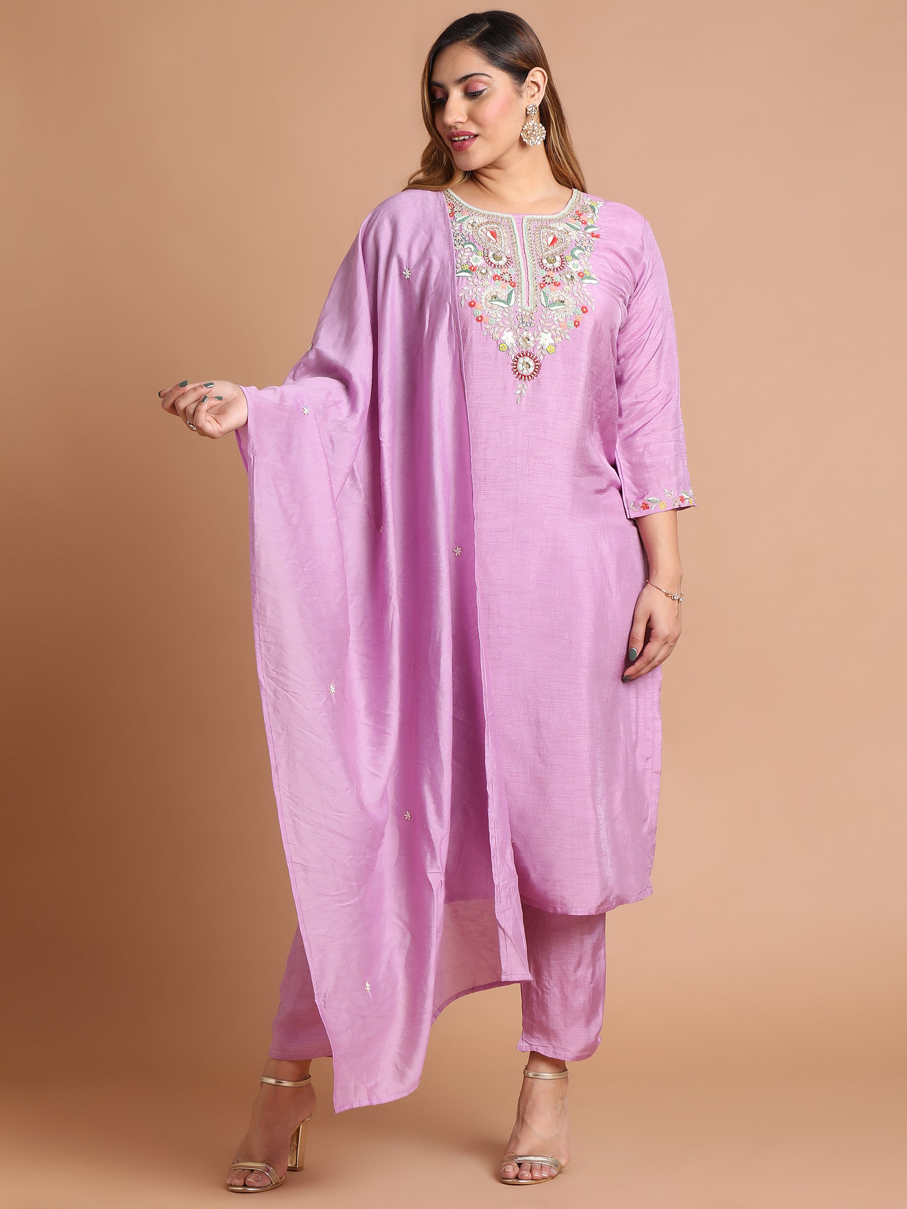 Lilac with multicolor zardozi embroidered kurta set