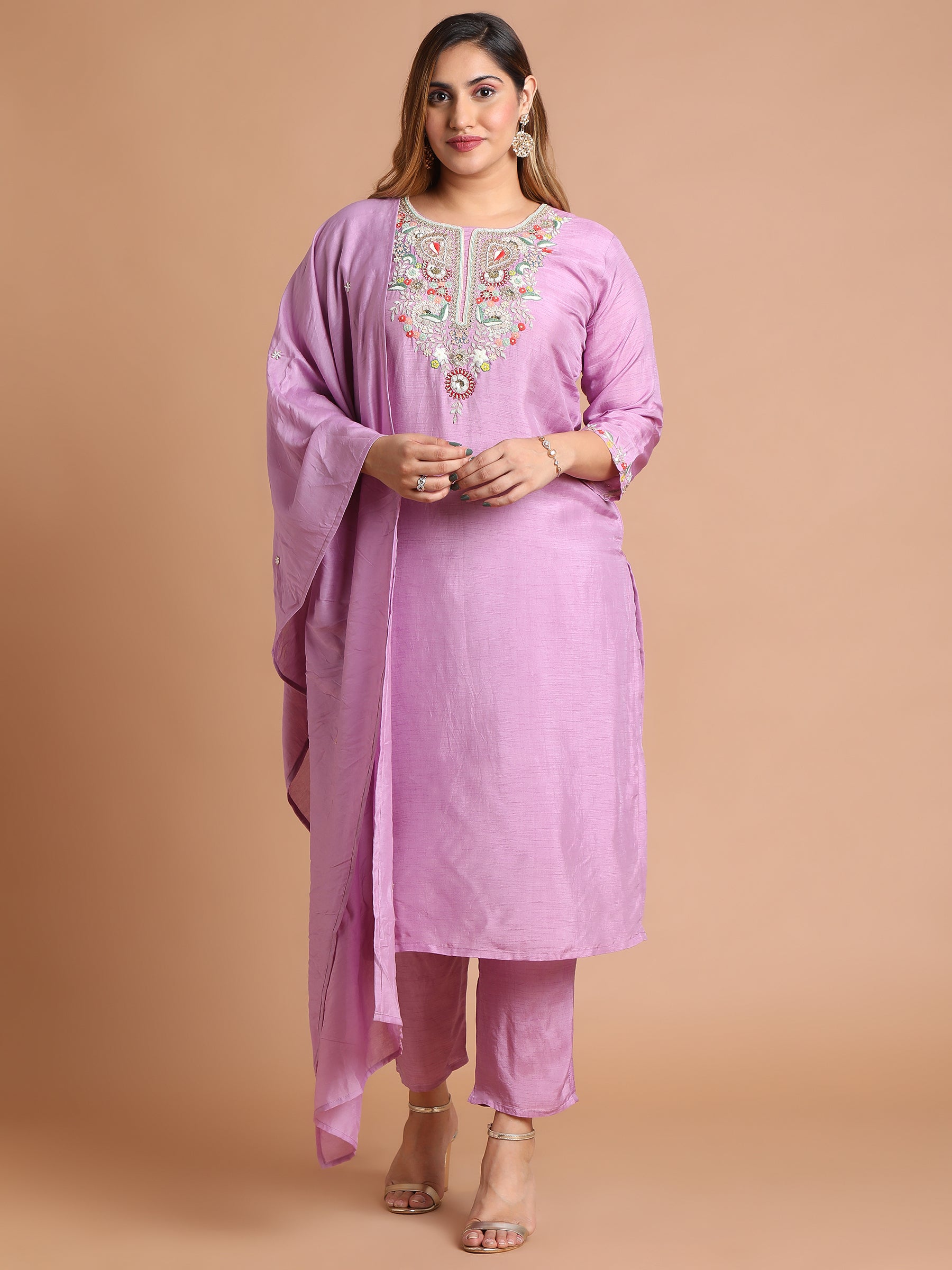 Lilac with multicolor zardozi embroidered kurta set