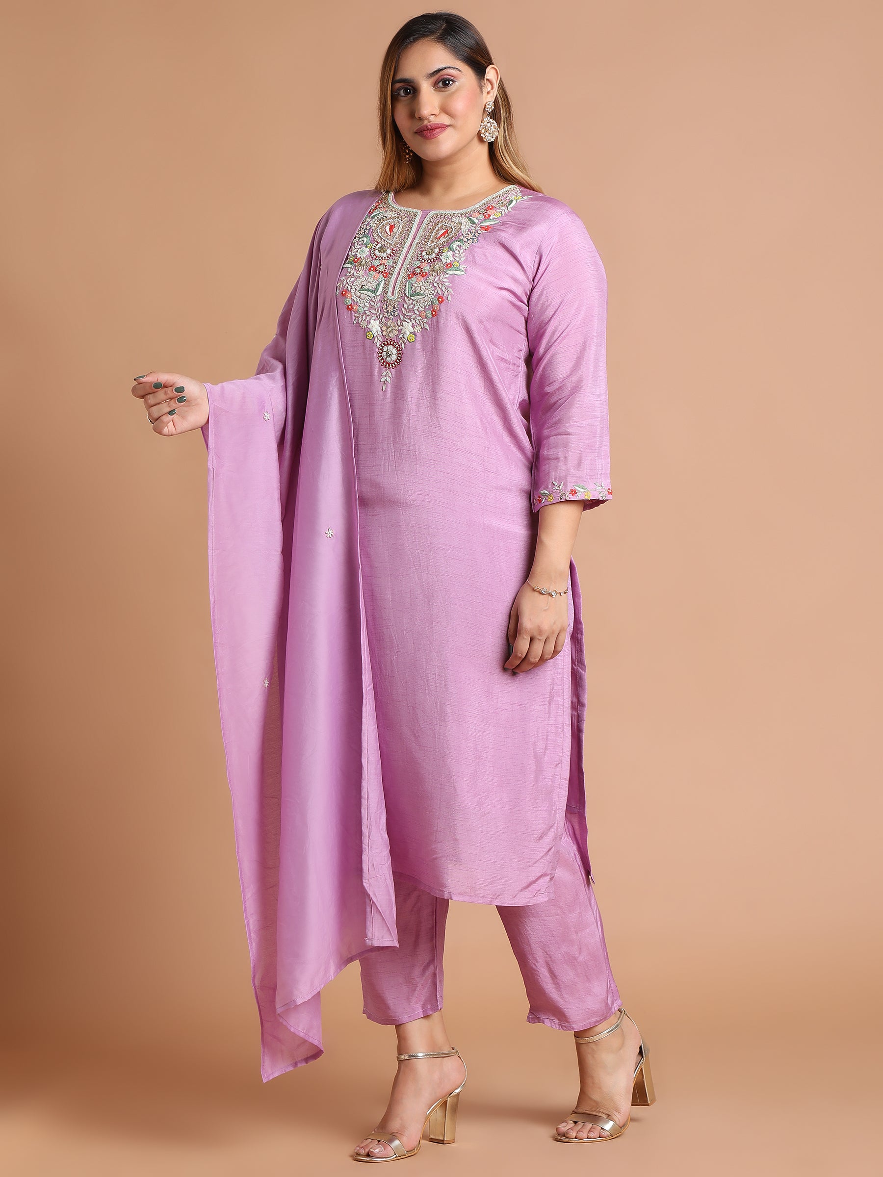 Lilac with multicolor zardozi embroidered kurta set