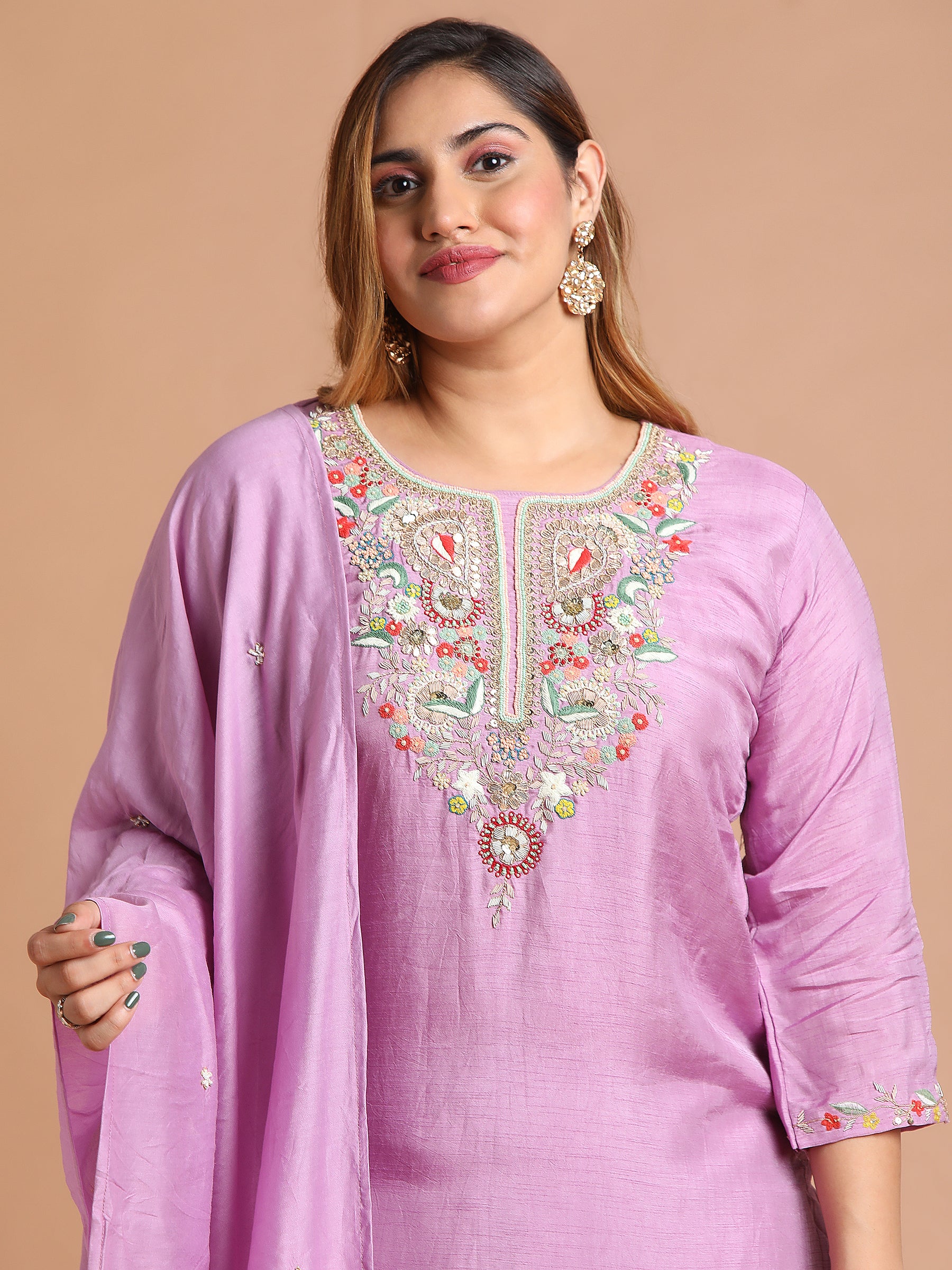 Lilac with multicolor zardozi embroidered kurta set