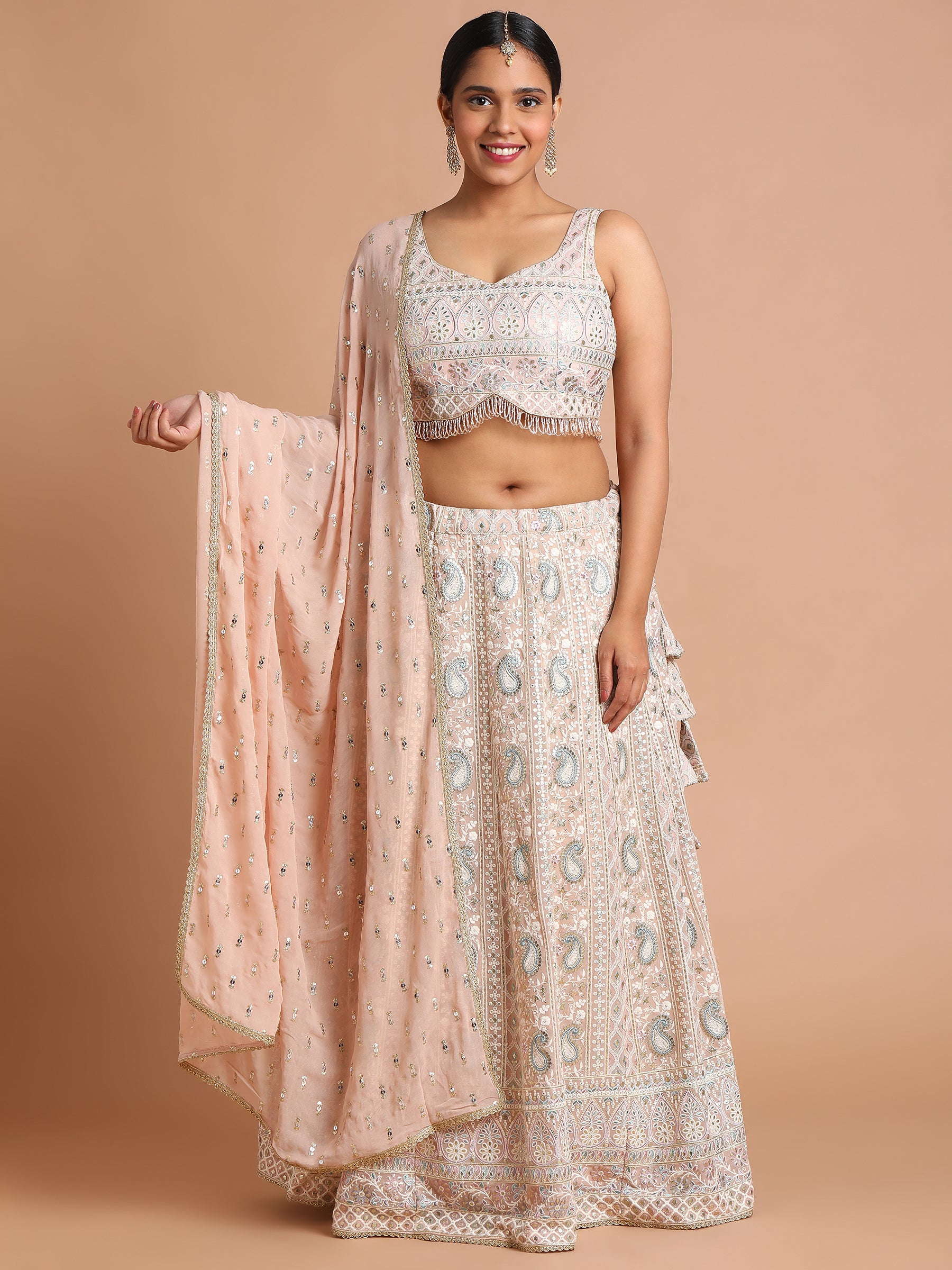 Light peach with grey paisely embroidered lehenga set