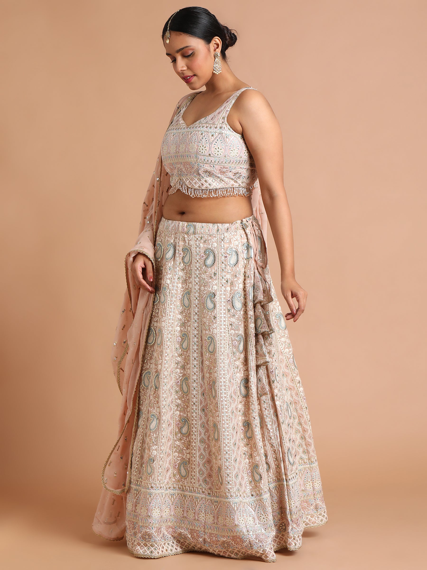 Light peach with grey paisely embroidered lehenga set