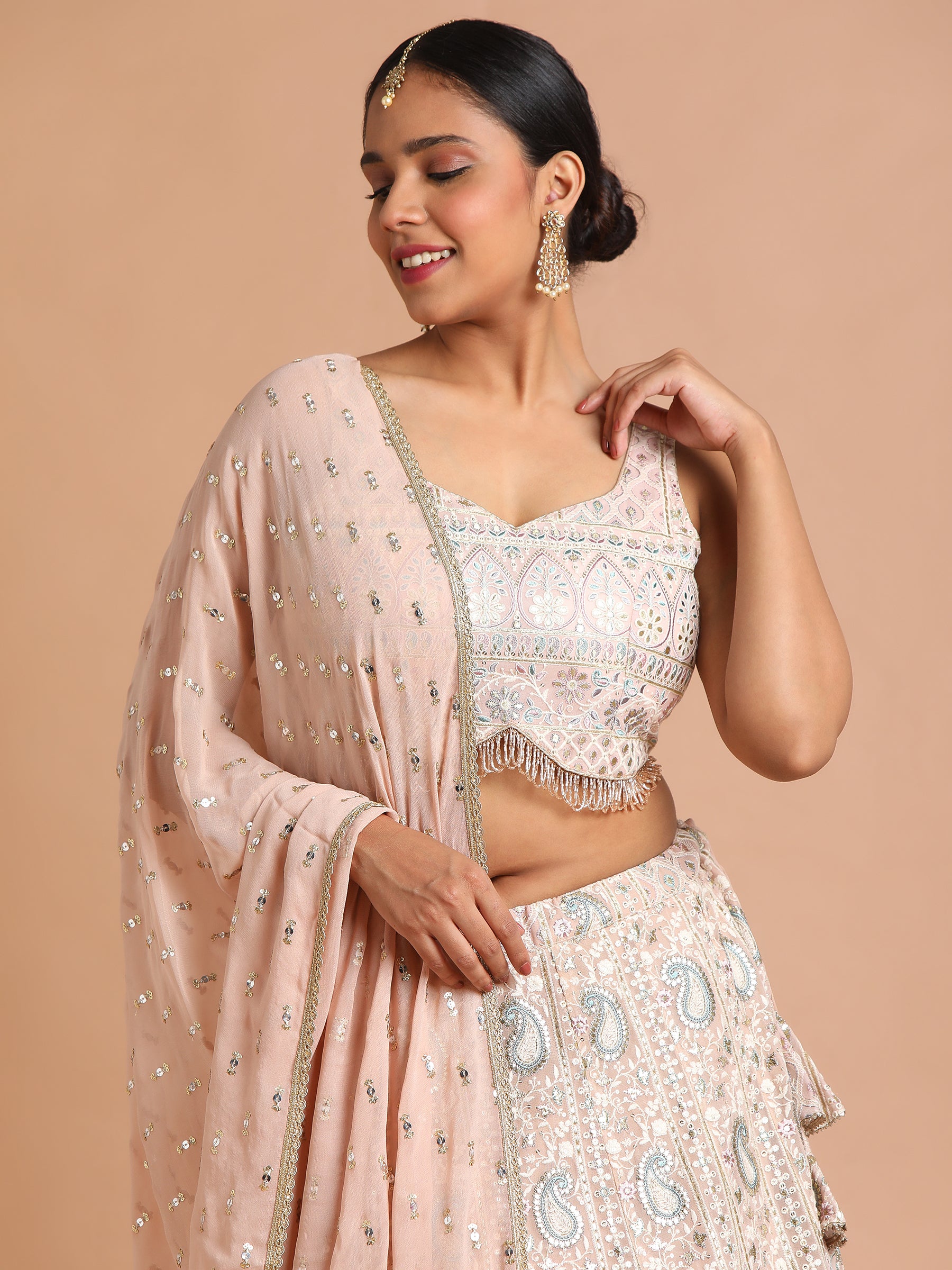 Light peach with grey paisely embroidered lehenga set