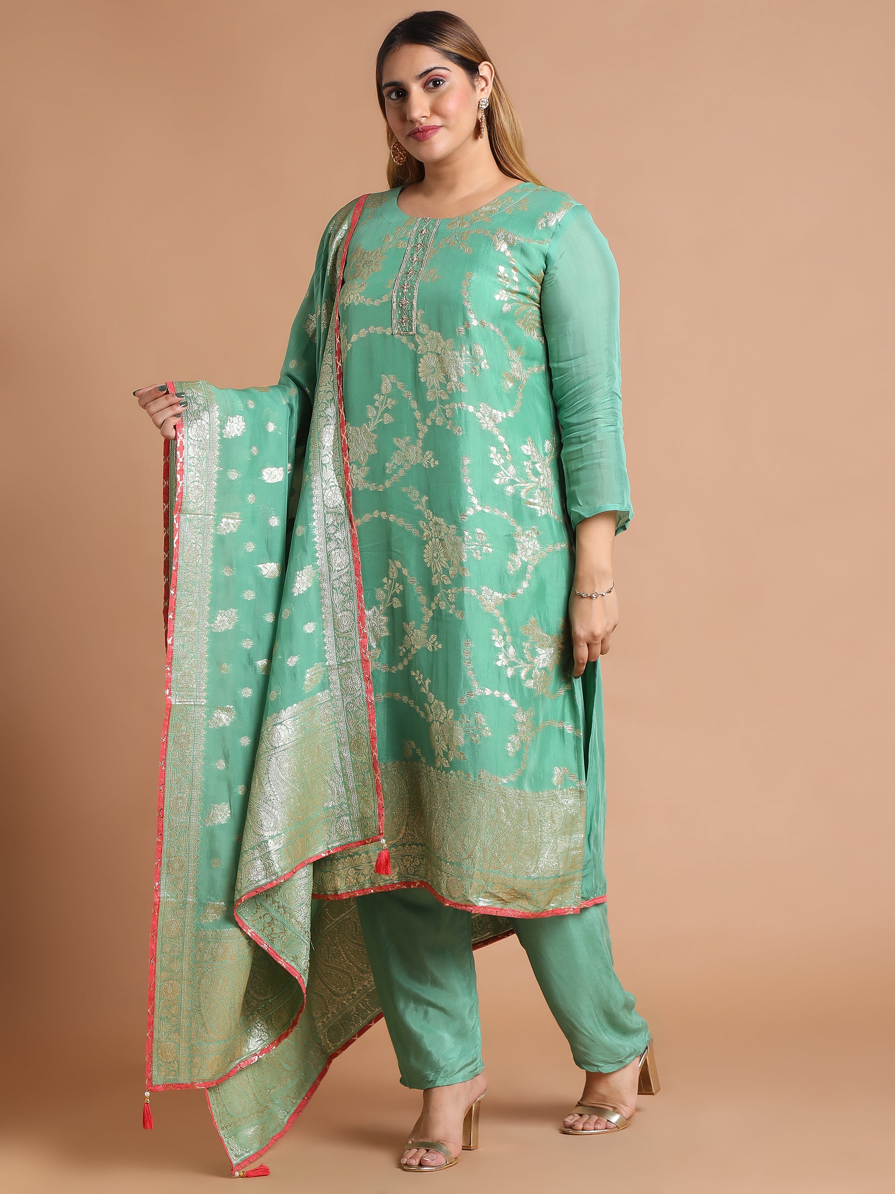 Sea-green-with-gold-woven-kurta-set