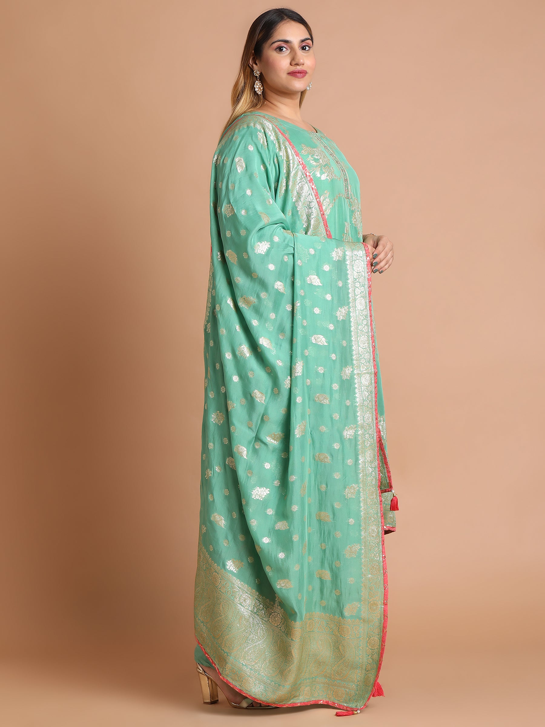 Sea-green-with-gold-woven-kurta-set