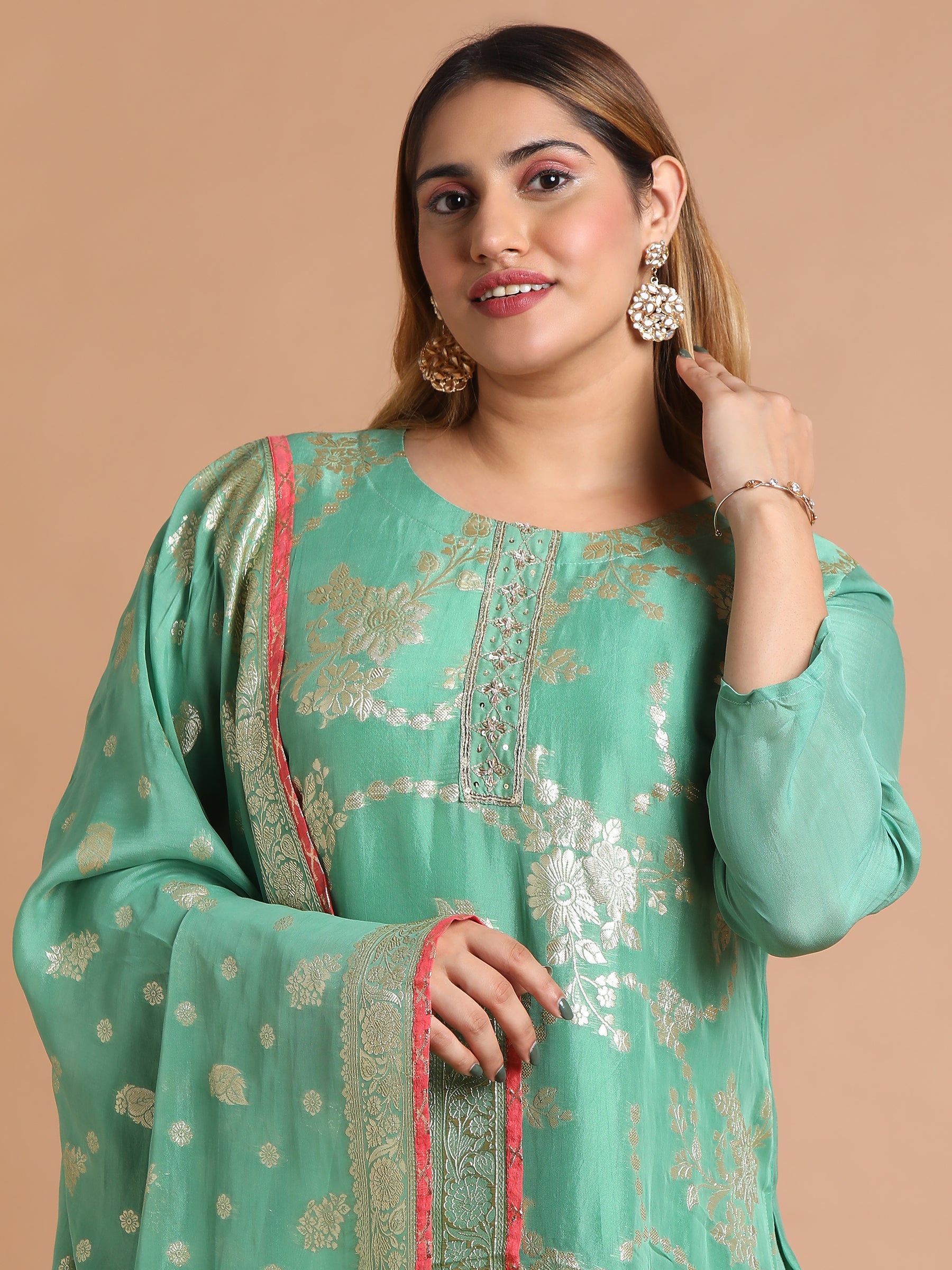 Sea-green-with-gold-woven-kurta-set