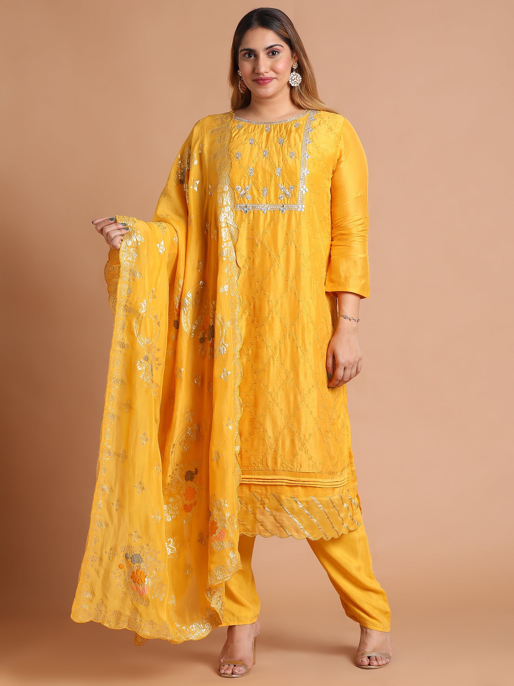 Mango yellow embroidered kurta set with scallop dupatta