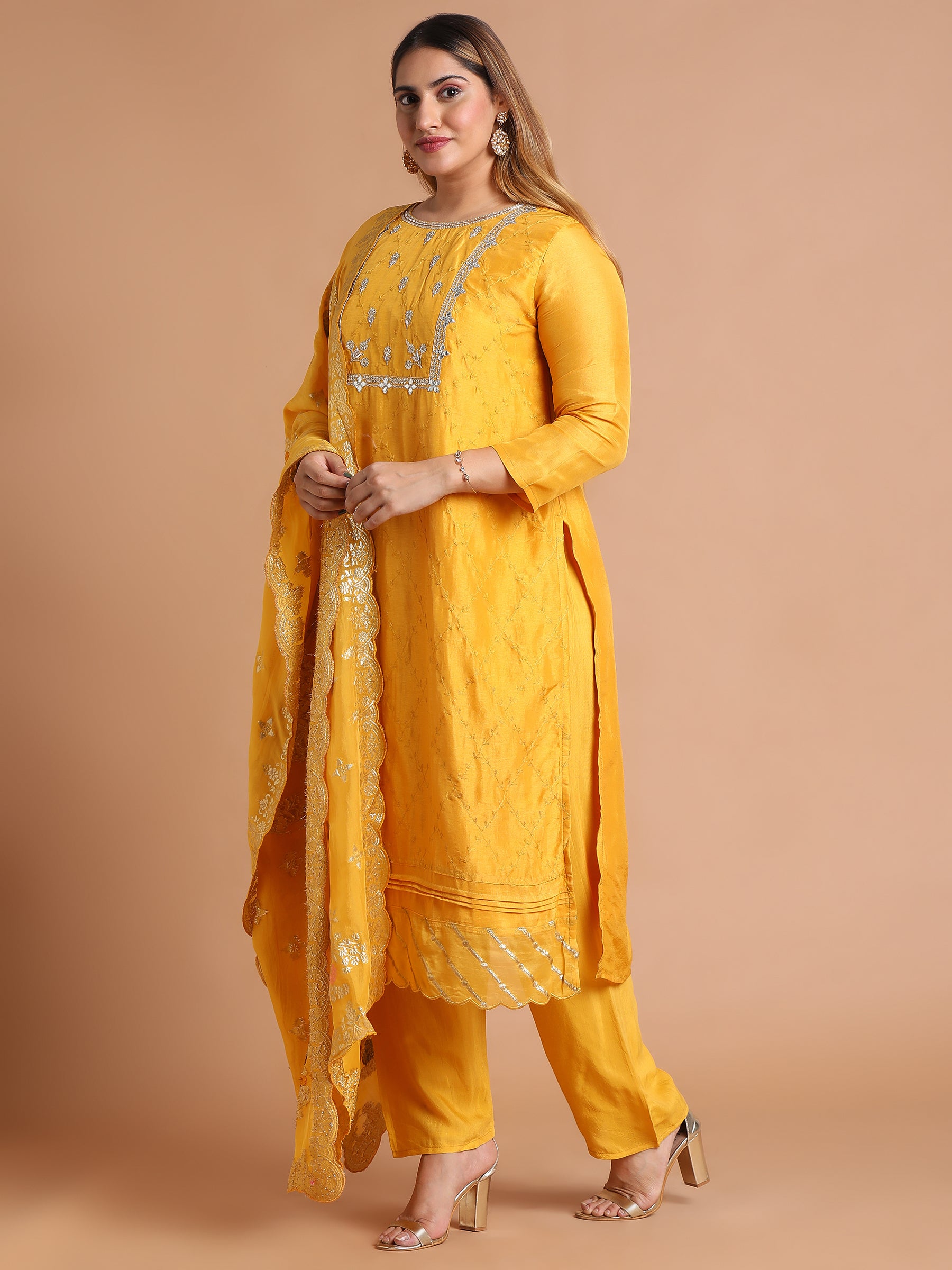 Mango yellow embroidered kurta set with scallop dupatta