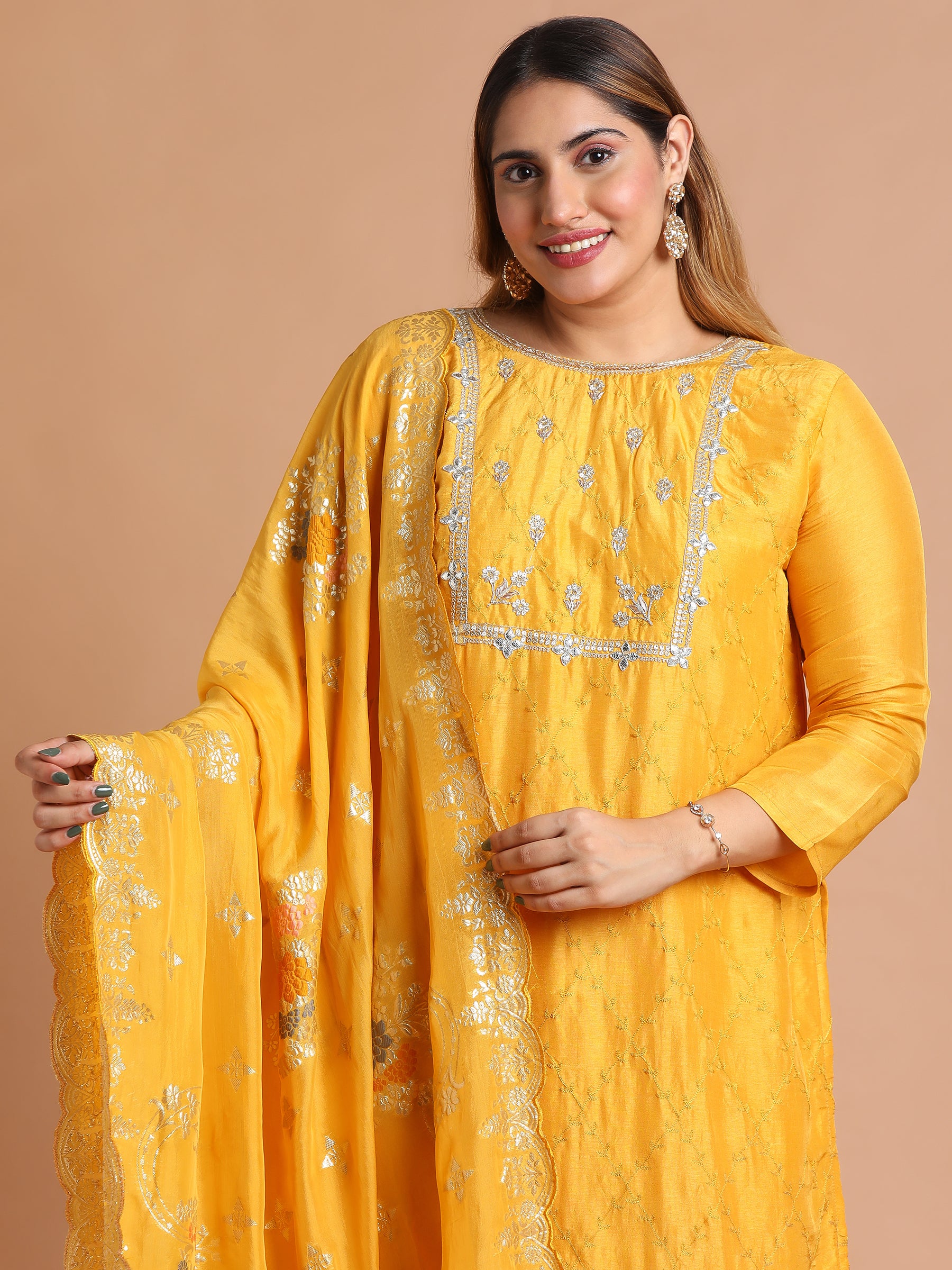 Mango yellow embroidered kurta set with scallop dupatta