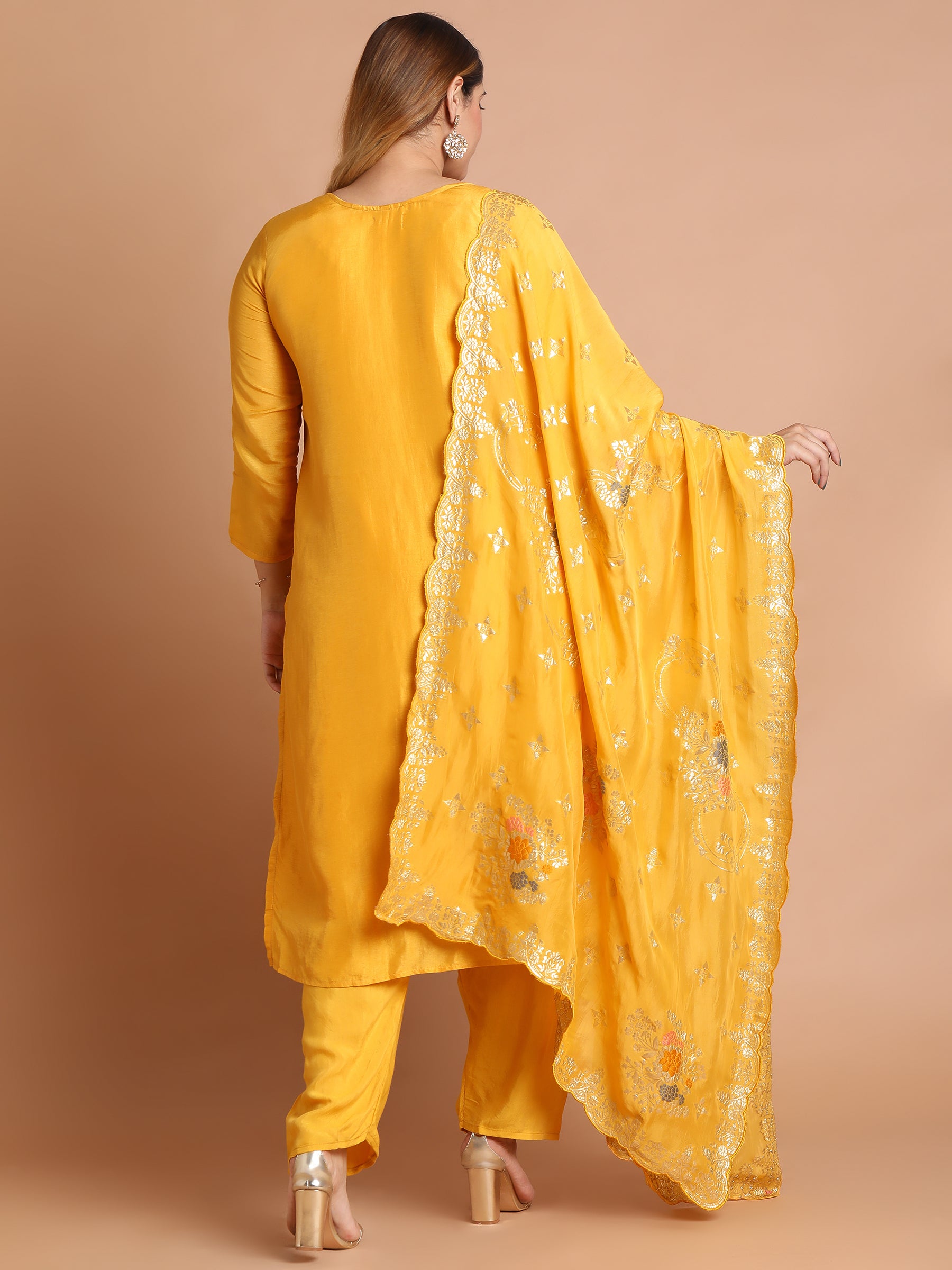 Mango yellow embroidered kurta set with scallop dupatta