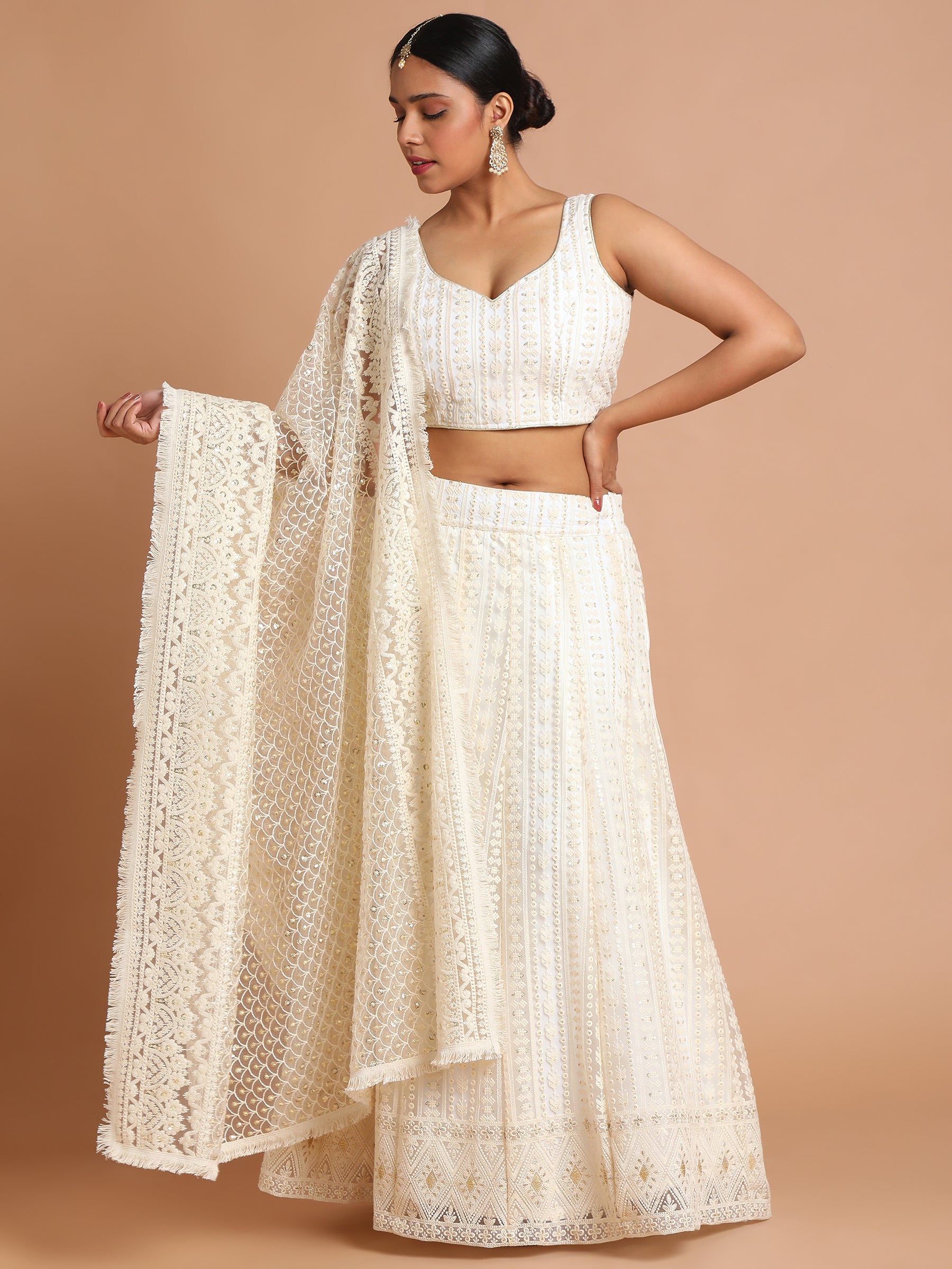 Cream embroidered net lehenga set