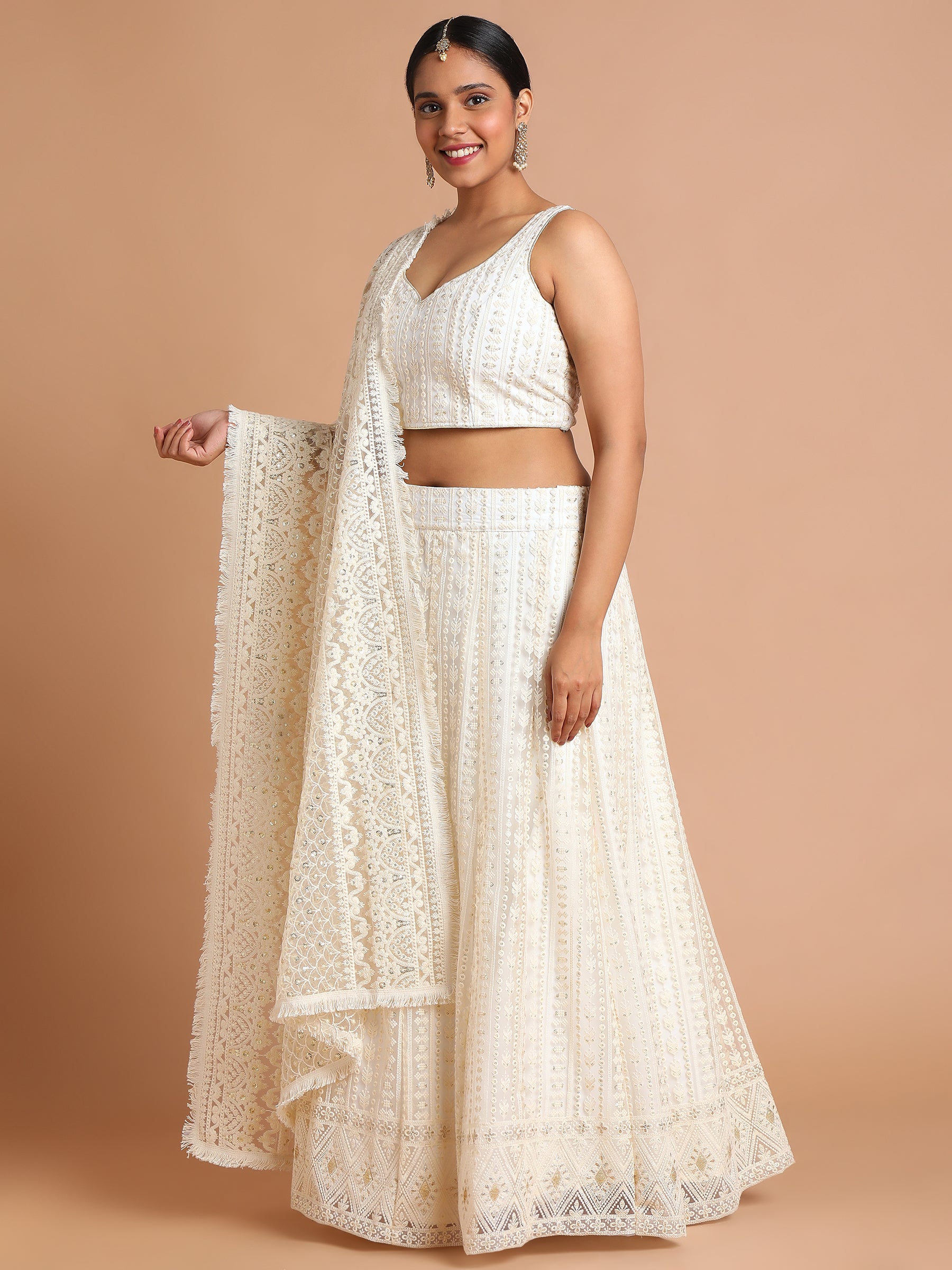 Cream embroidered net lehenga set