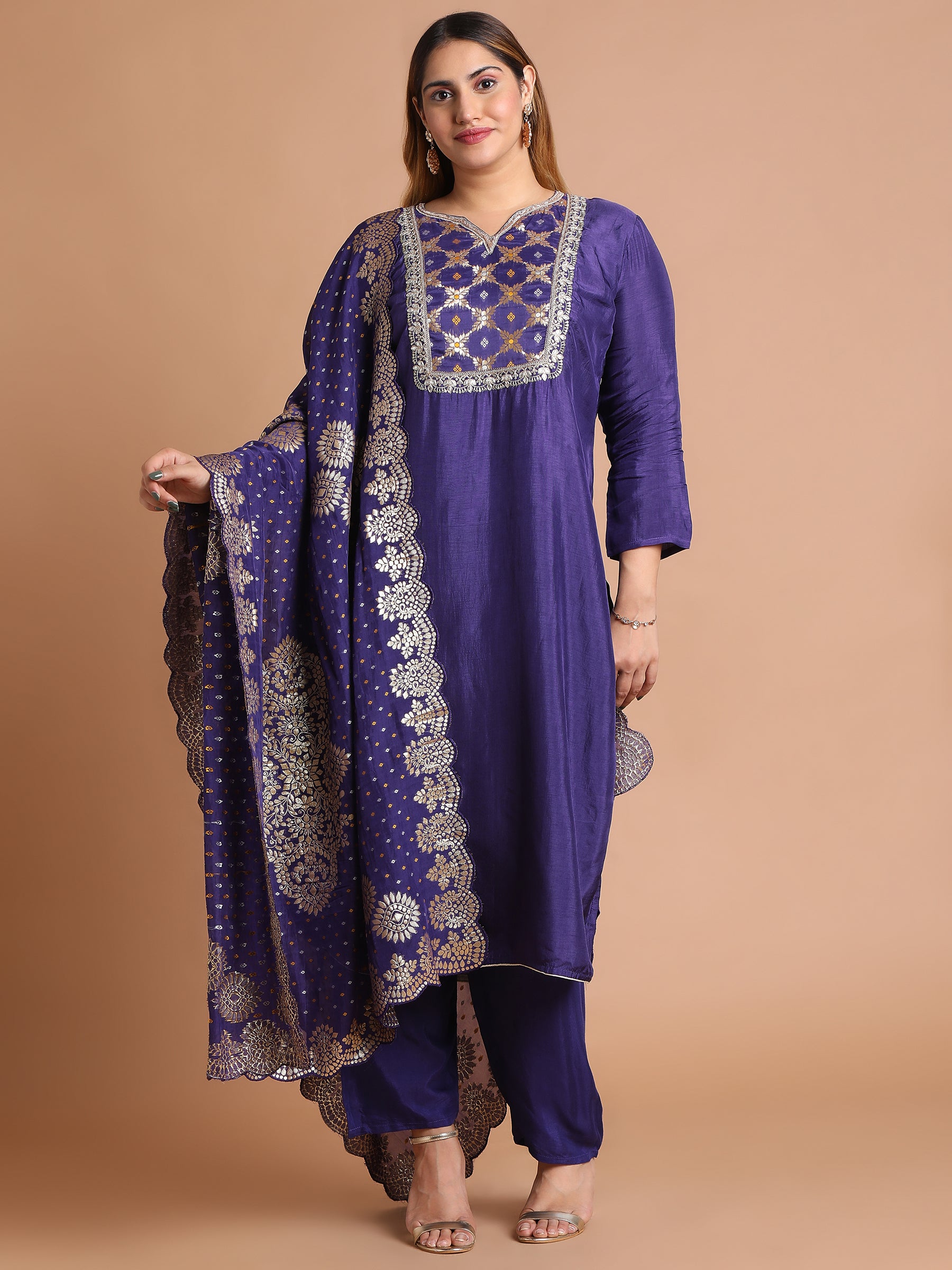 Deep purple mixed fabric embroidered kurta set with brocade dupatta