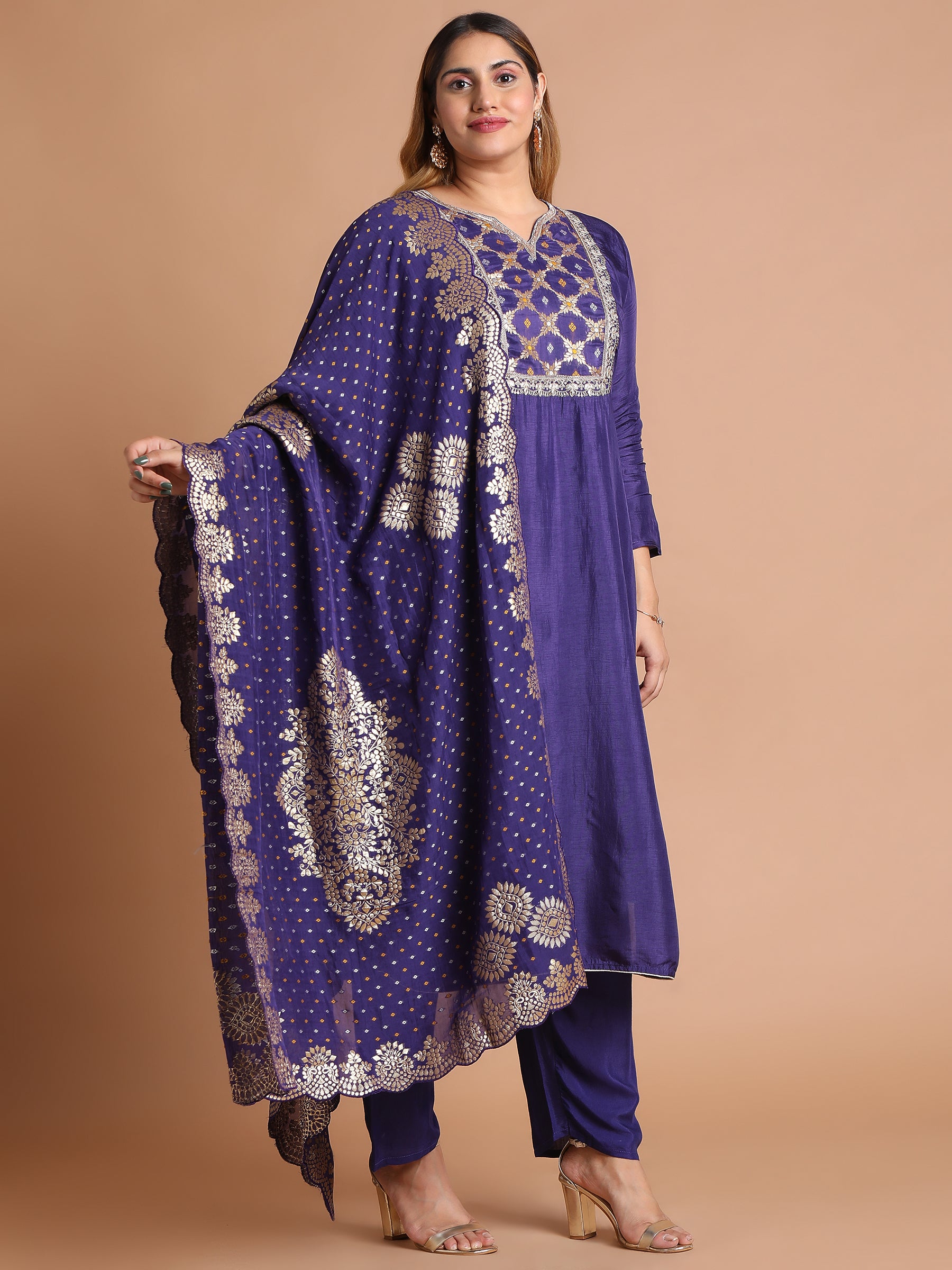 Deep purple mixed fabric embroidered kurta set with brocade dupatta