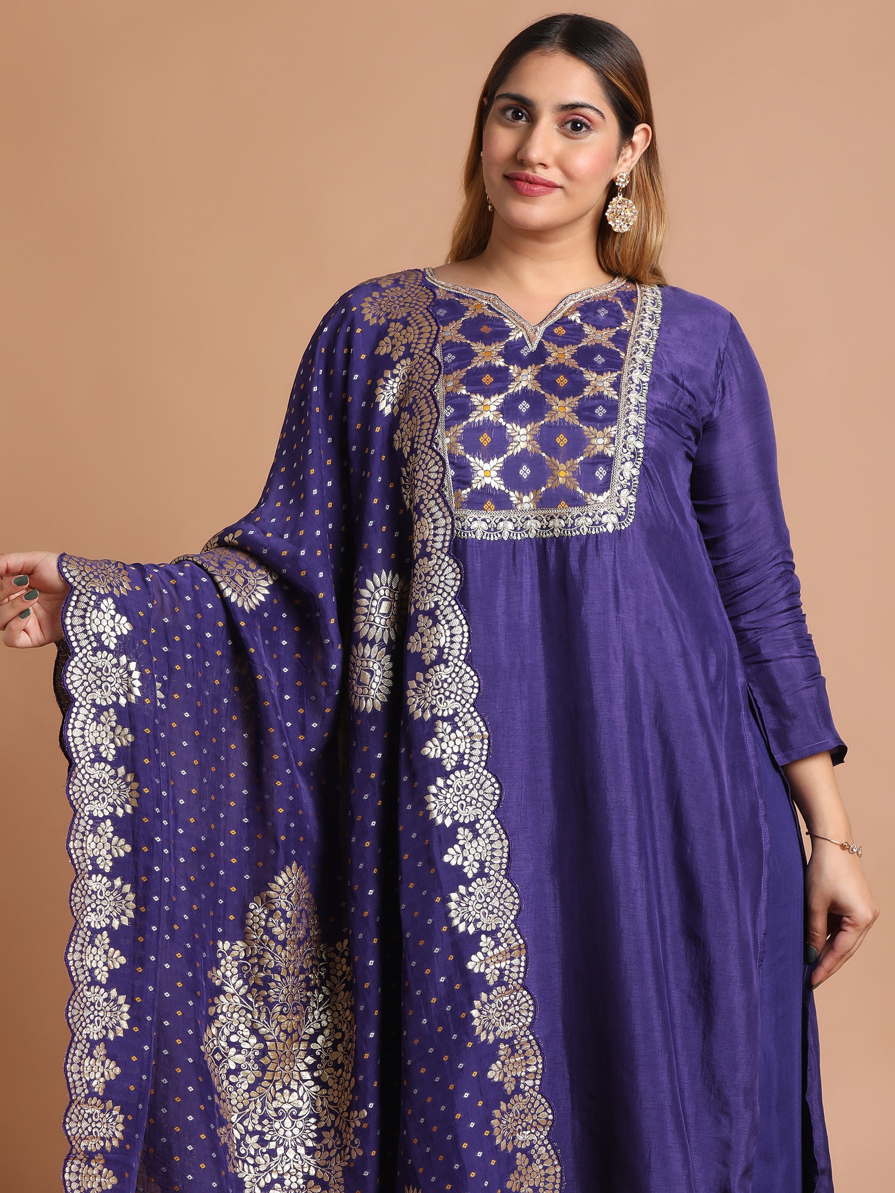 Deep purple mixed fabric embroidered kurta set with brocade dupatta