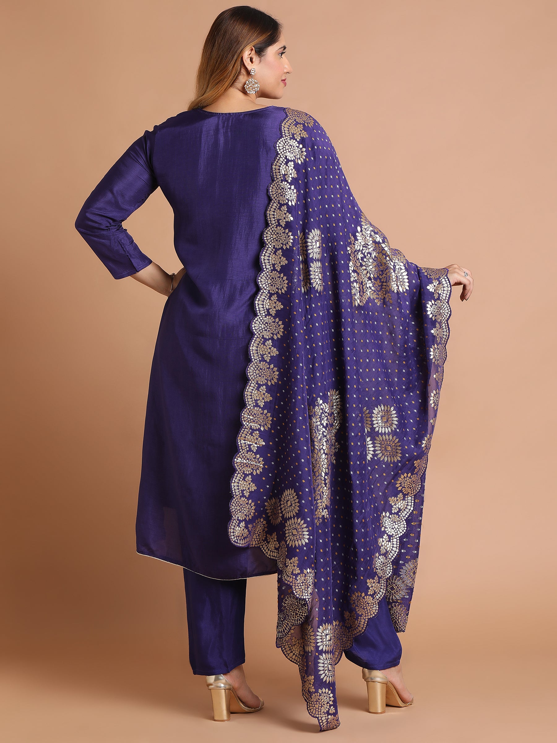 Deep purple mixed fabric embroidered kurta set with brocade dupatta