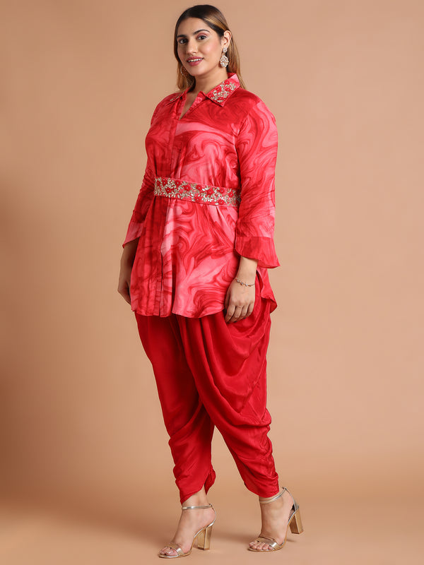 Red-embroidered-shirt-and-dhoti-set-with-belt