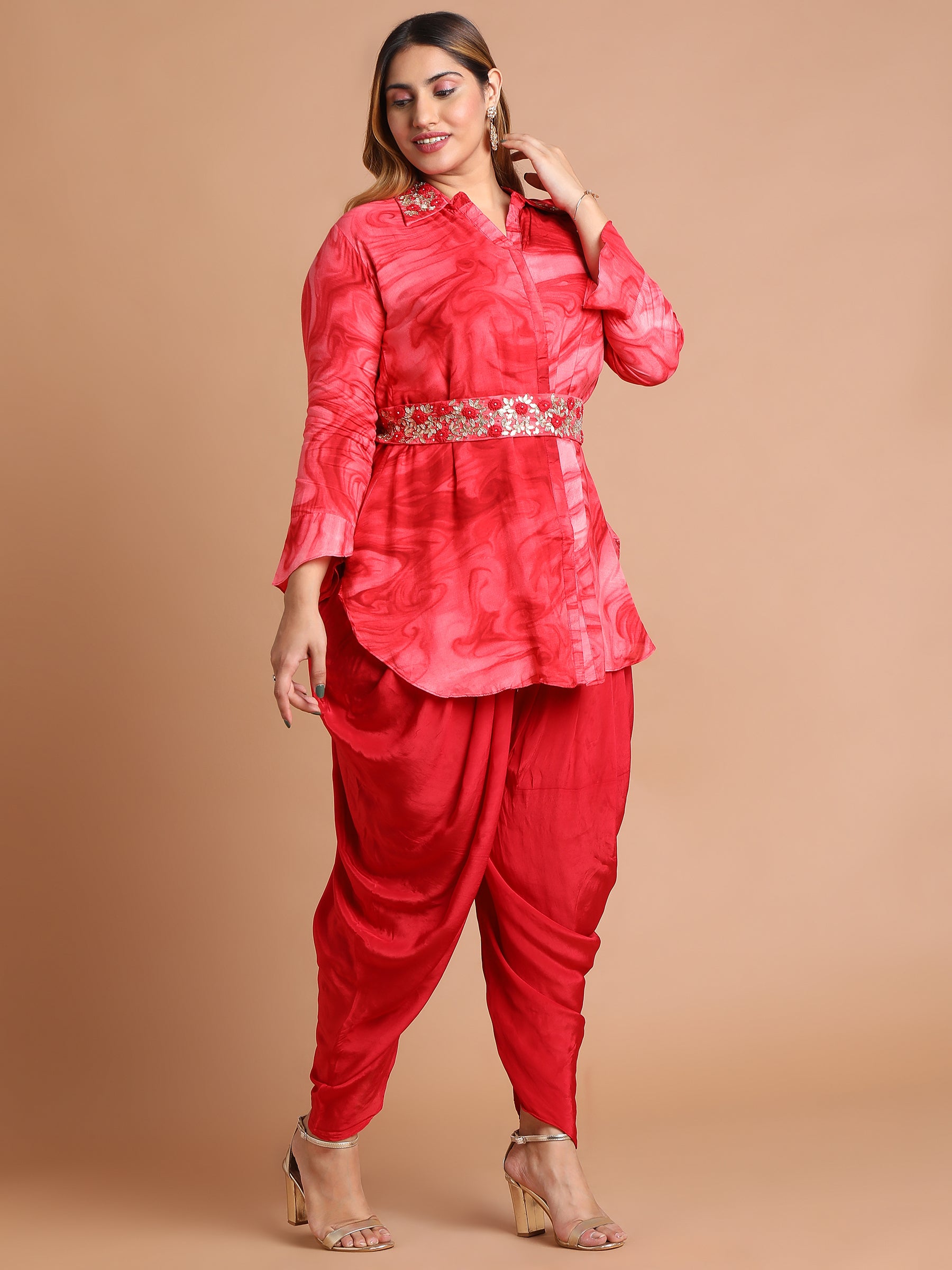 Red-embroidered-shirt-and-dhoti-set-with-belt