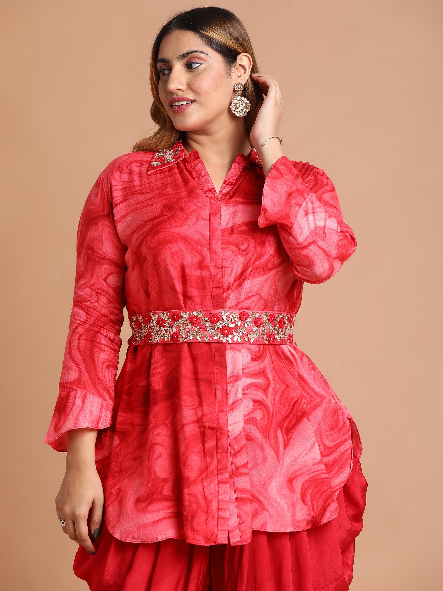 Red-embroidered-shirt-and-dhoti-set-with-belt