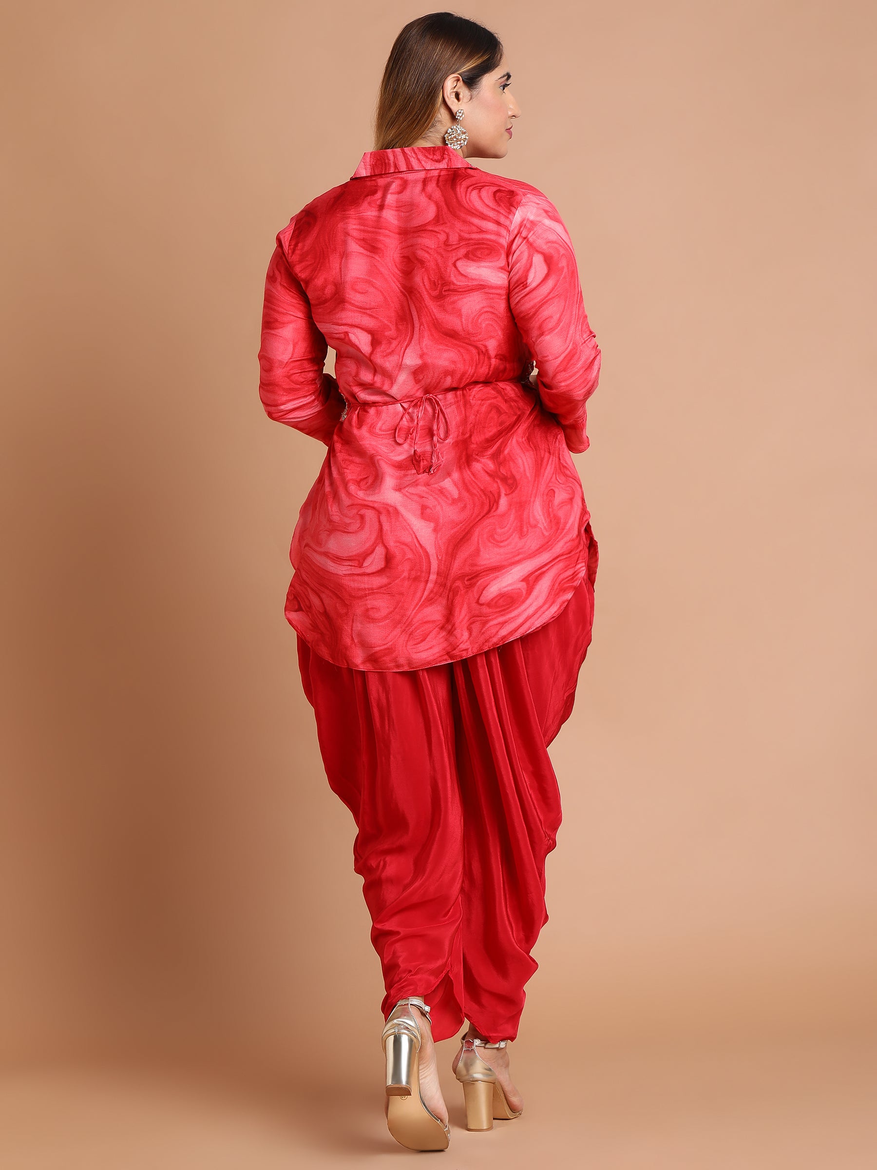 Red-embroidered-shirt-and-dhoti-set-with-belt