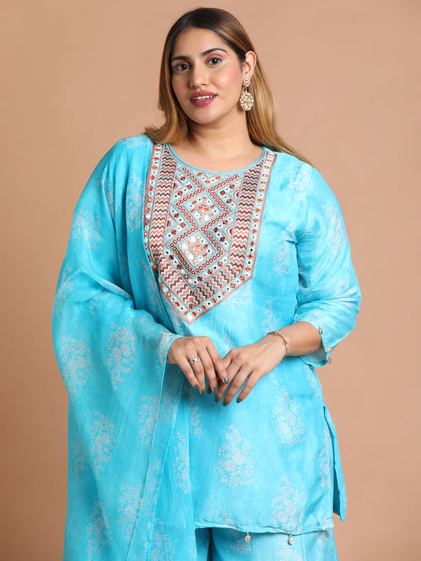 Blue printed mirror embroidered kurta and sharara set