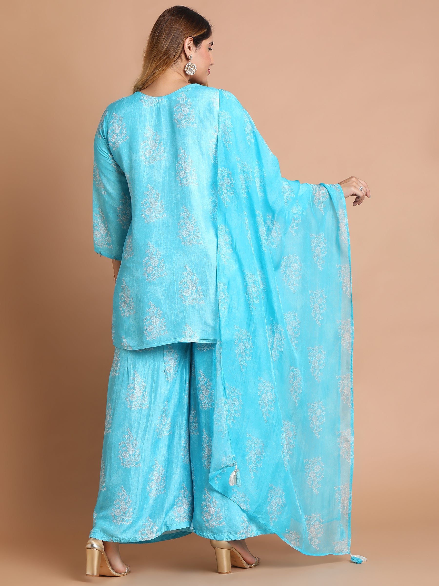 Blue printed mirror embroidered kurta and sharara set