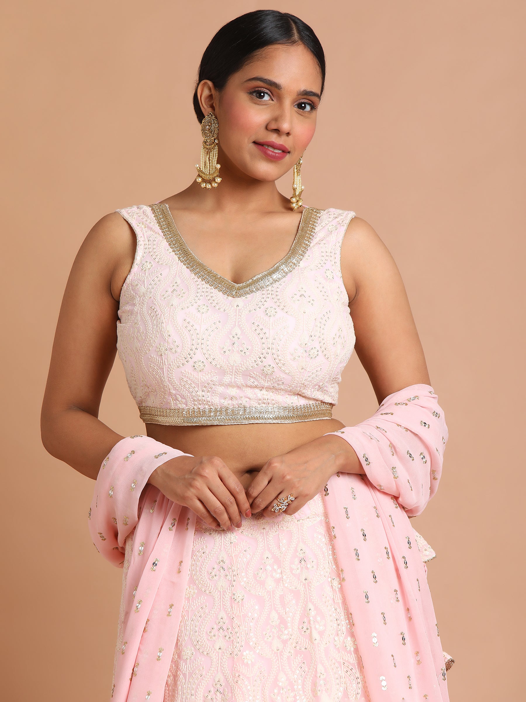 Baby pink with cream embroidered lehenga set