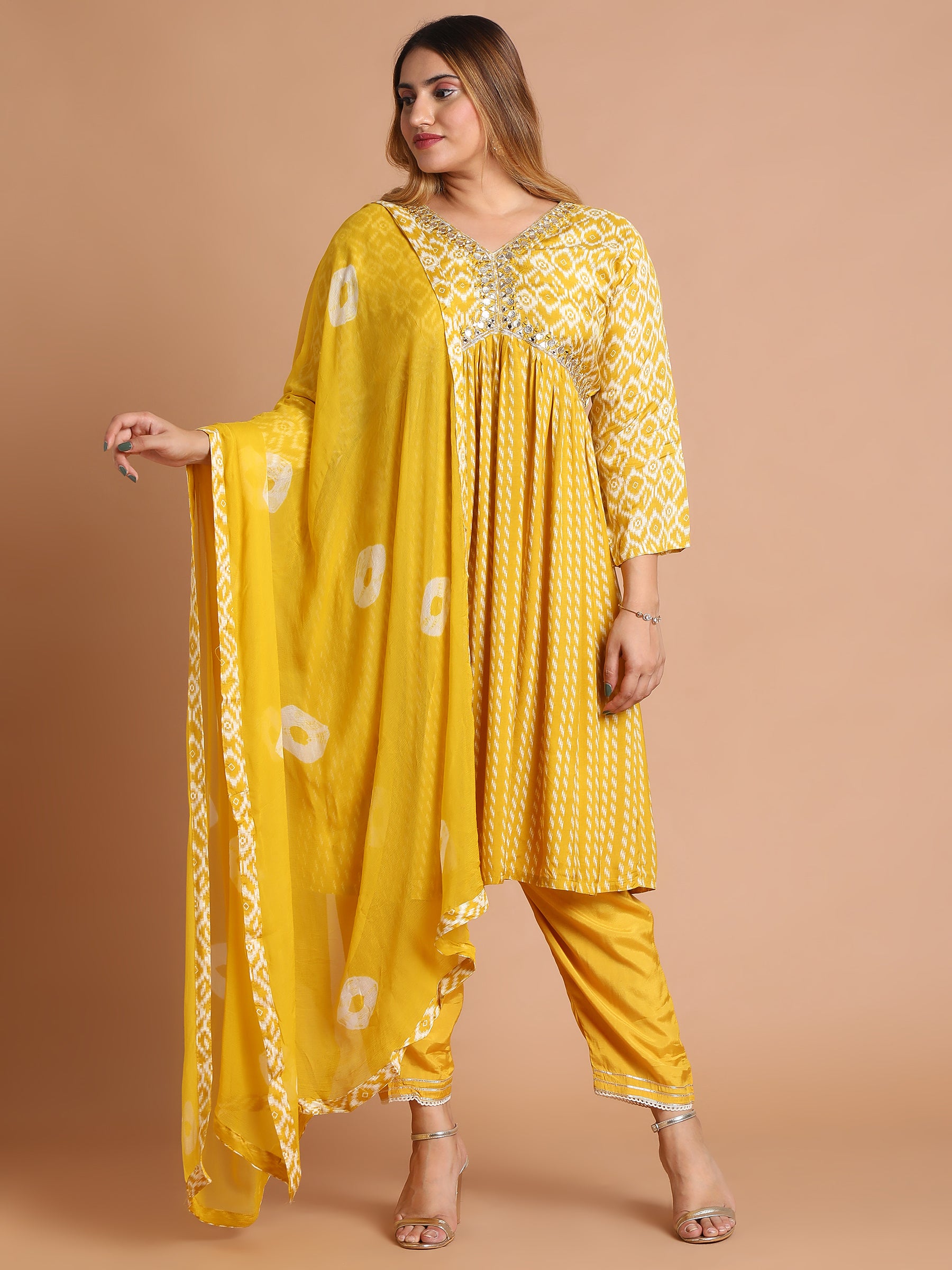 Mustard-yellow-embroidered-pleated-kurta-set