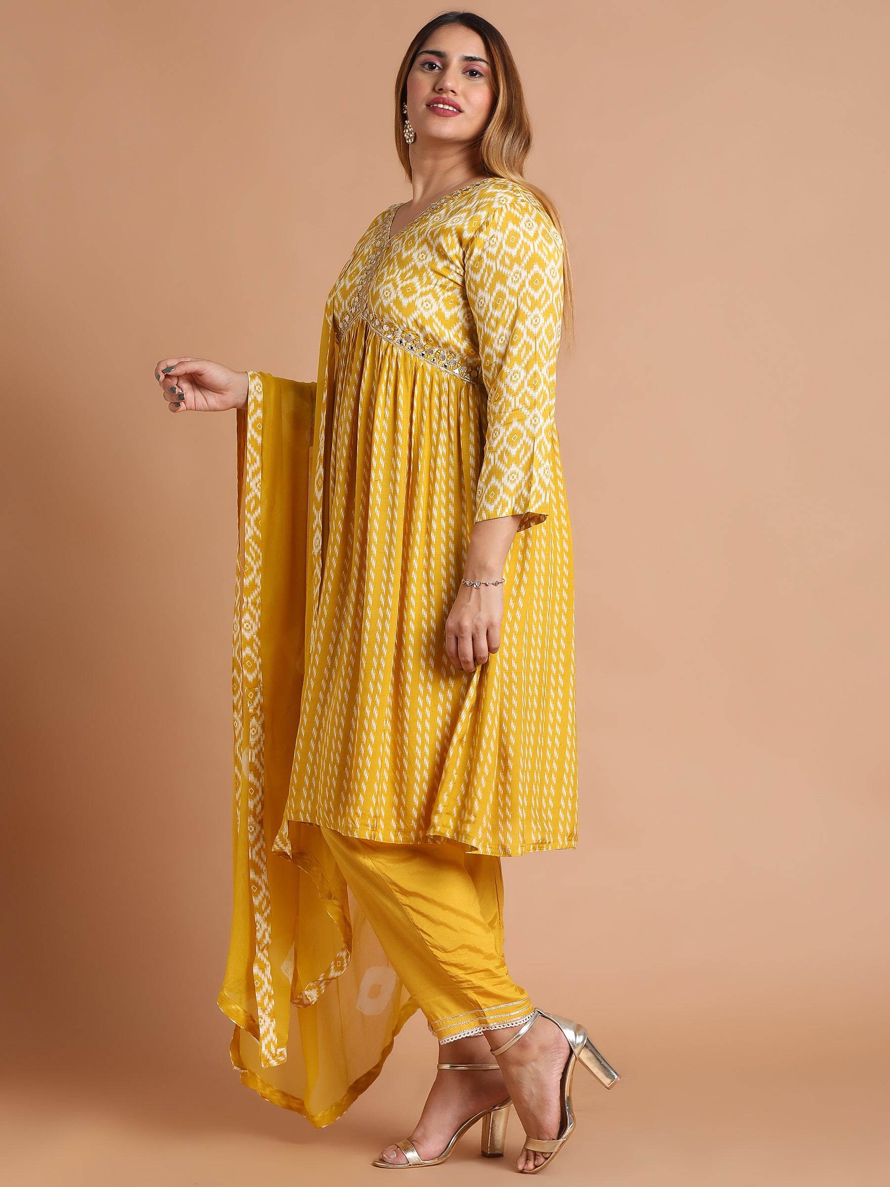 Mustard-yellow-embroidered-pleated-kurta-set