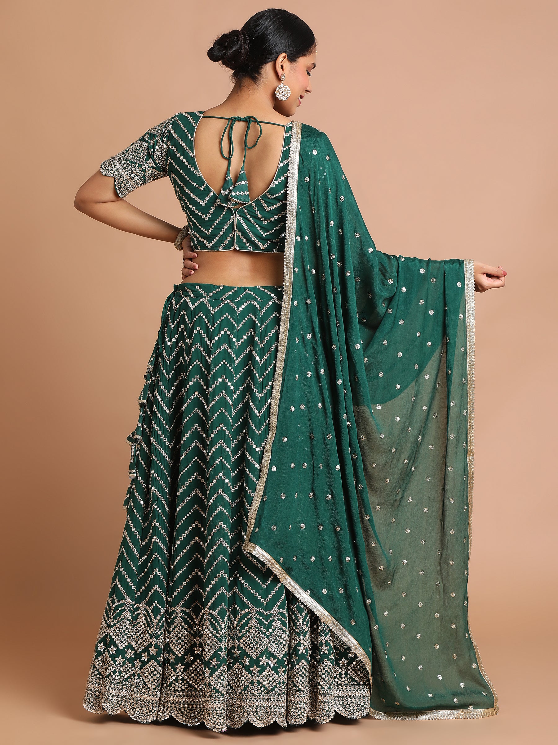 Forest green and gold mirror lehenga set