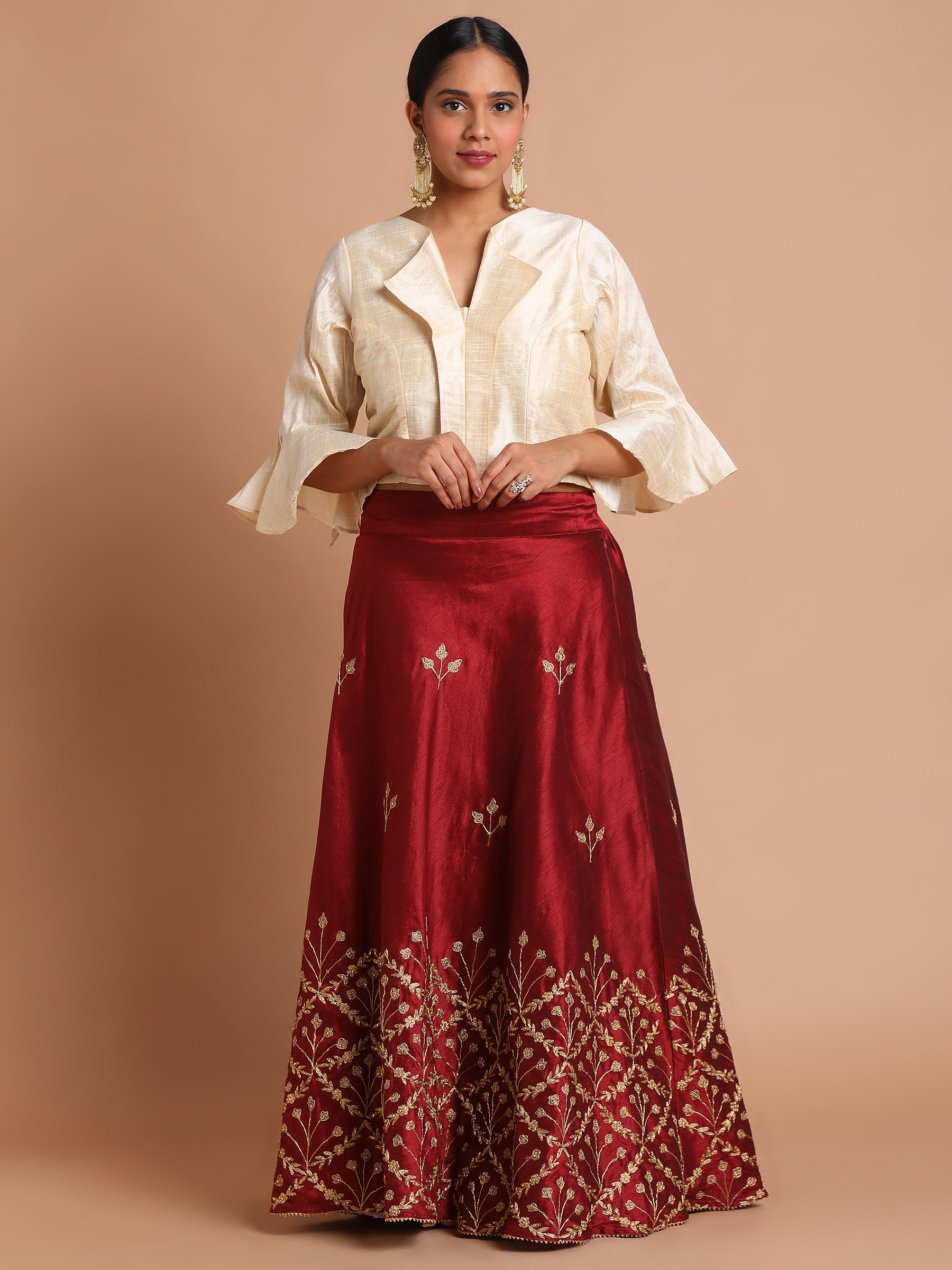 Ivory-ruffle-top-and-maroon-skirt-set