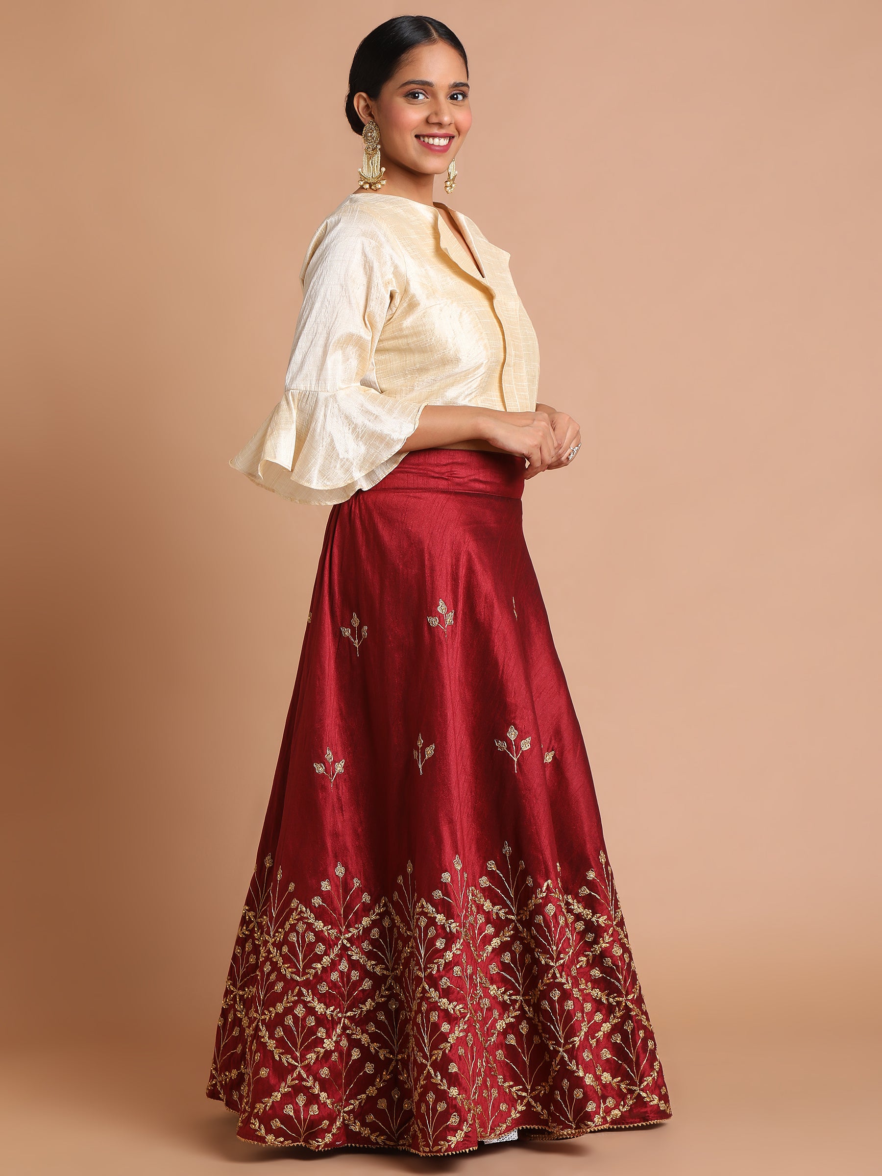 Ivory-ruffle-top-and-maroon-skirt-set