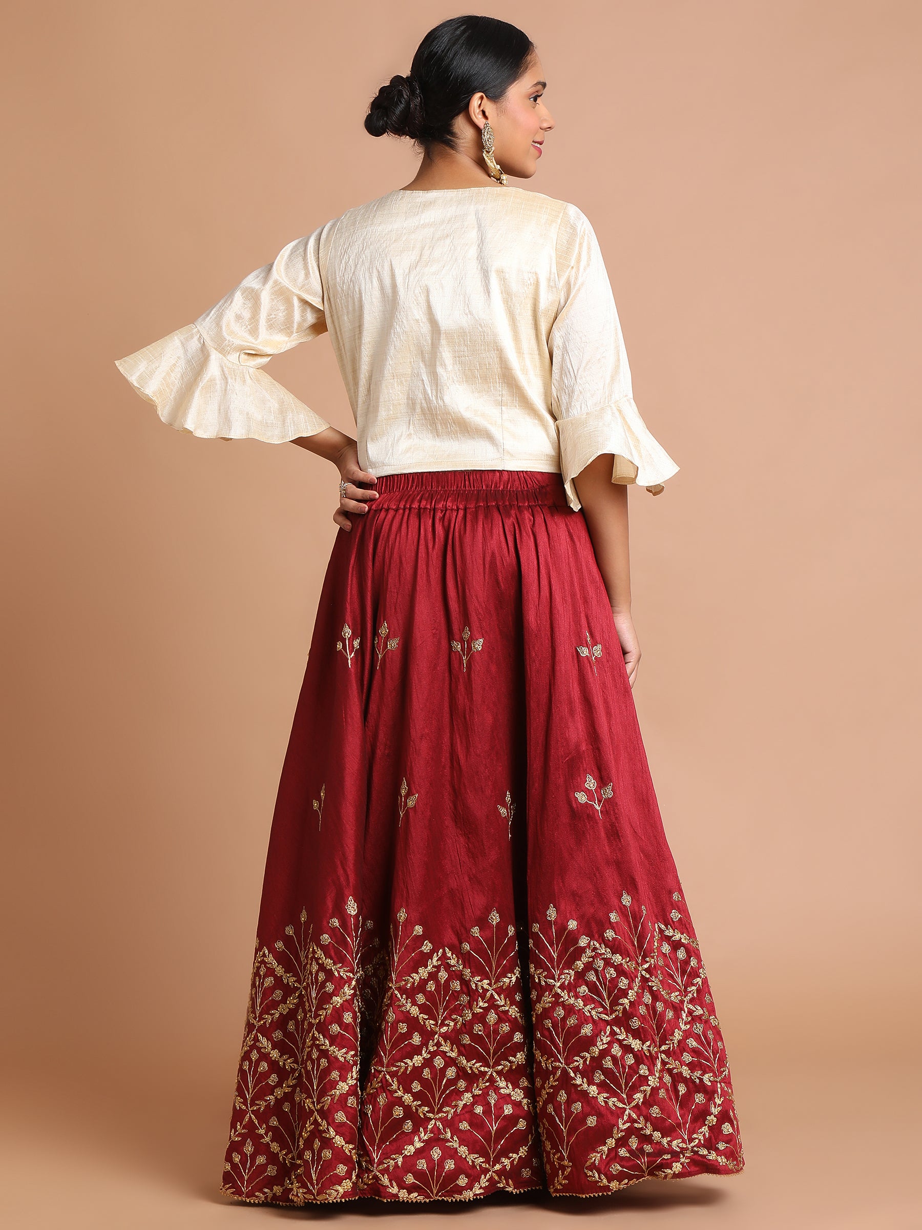 Ivory-ruffle-top-and-maroon-skirt-set