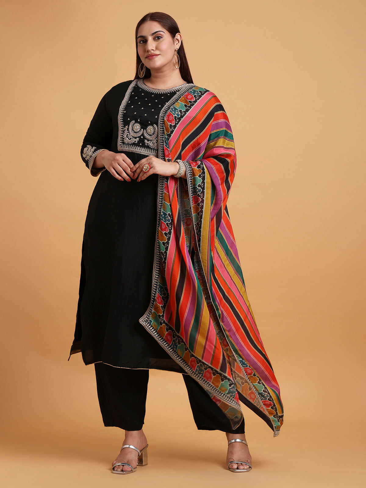 Black kurta set with multicolor stripe dupatta