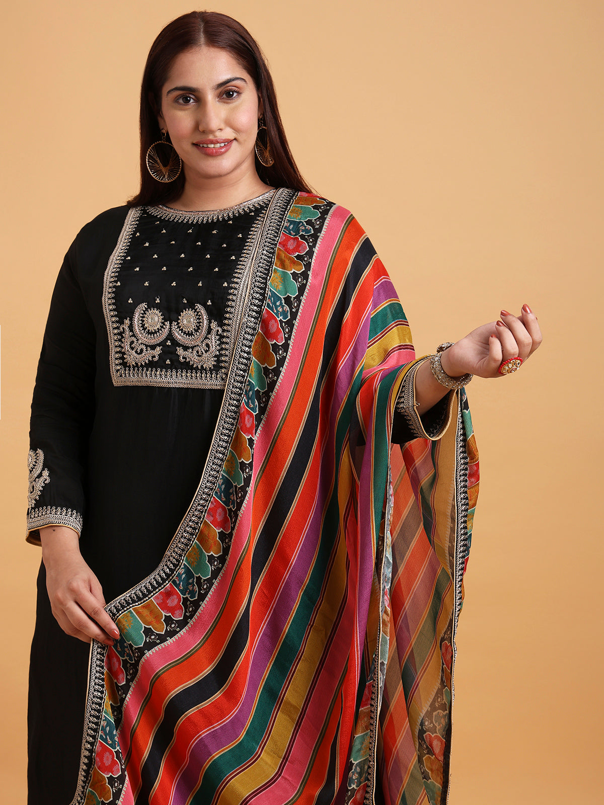 Black kurta set with multicolor stripe dupatta