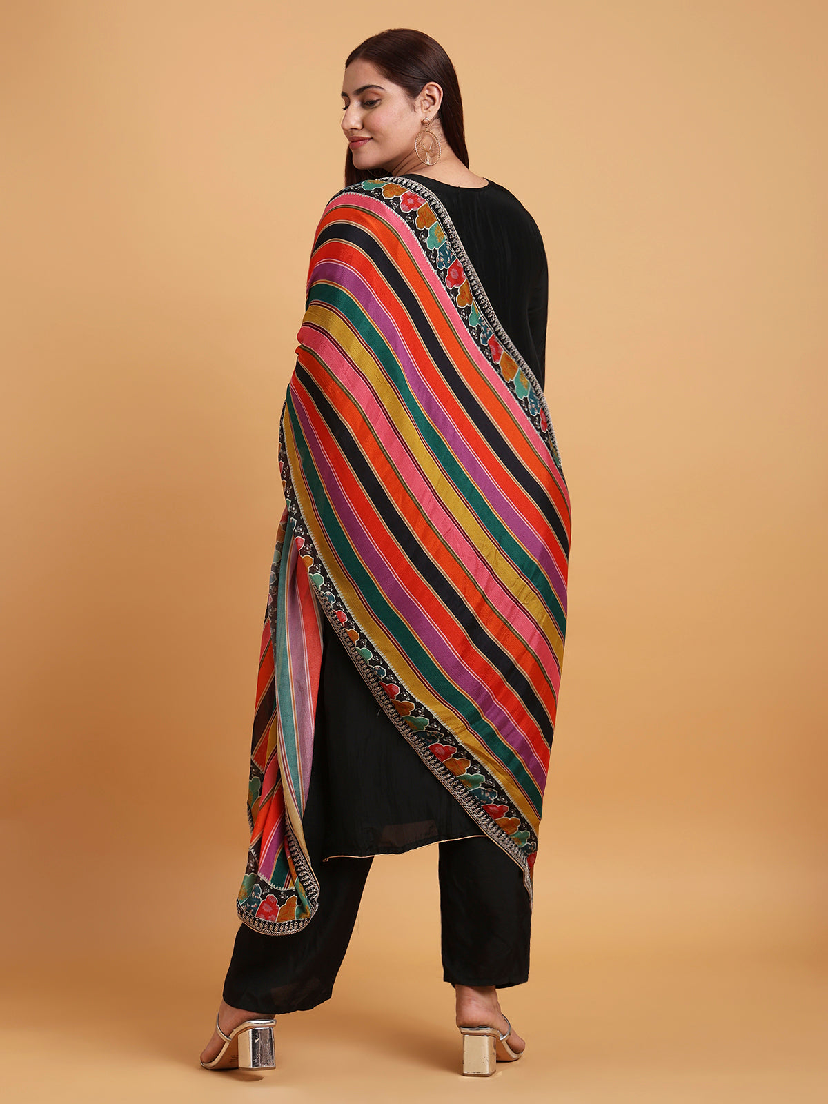 Black kurta set with multicolor stripe dupatta