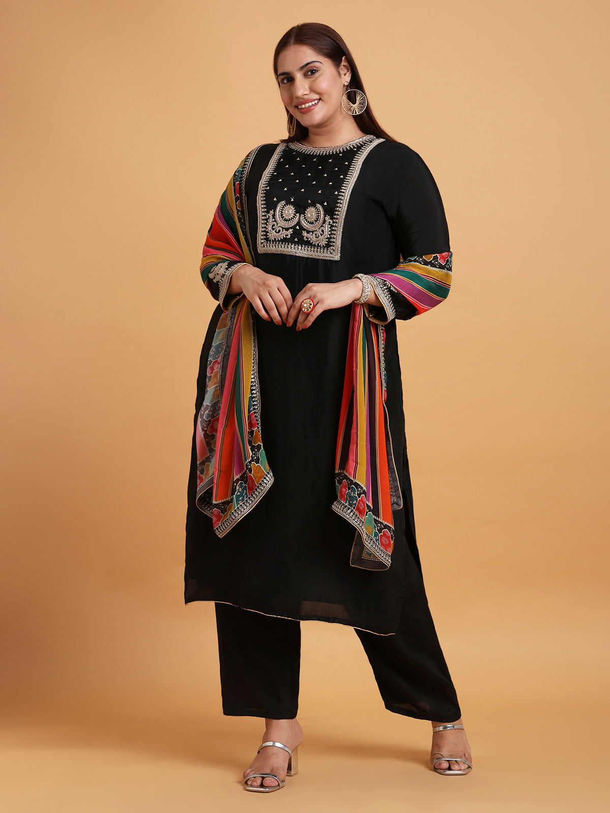 Black kurta set with multicolor stripe dupatta